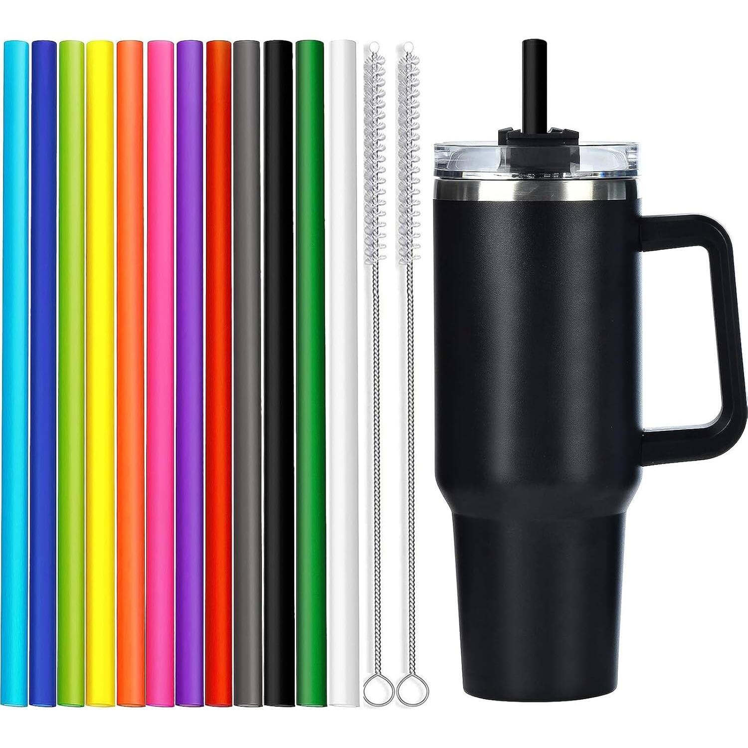 Front. PARKER SLATER - 12-pack 12in replacement straws for 30oz/40oz tumblers, reusable plastic with 2 cleaning brushes, fits Stanley cups. - Multicolor.