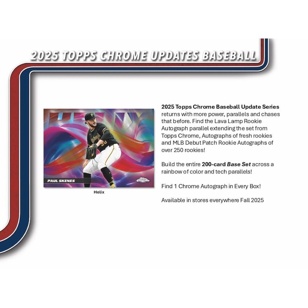 2025 TOPPS CHROME UPDATES BASEBALL

2025 Topps Chrome Baseball Update Series returns with more power, parallels and chases that before. Find the Lava Lamp Rookie Autograph parallel extending the set from Topps Chrome, Autographs of fresh rookies and MLB Debut Patch Rookie Autographs of over 250 rookies! Build the entire 200-card Base Set across a rainbow of color and tech parallels! Find 1 Chrome Autograph in Every Box! Available in stores everywhere Fall 2025

PAUL SKENES  
Helix