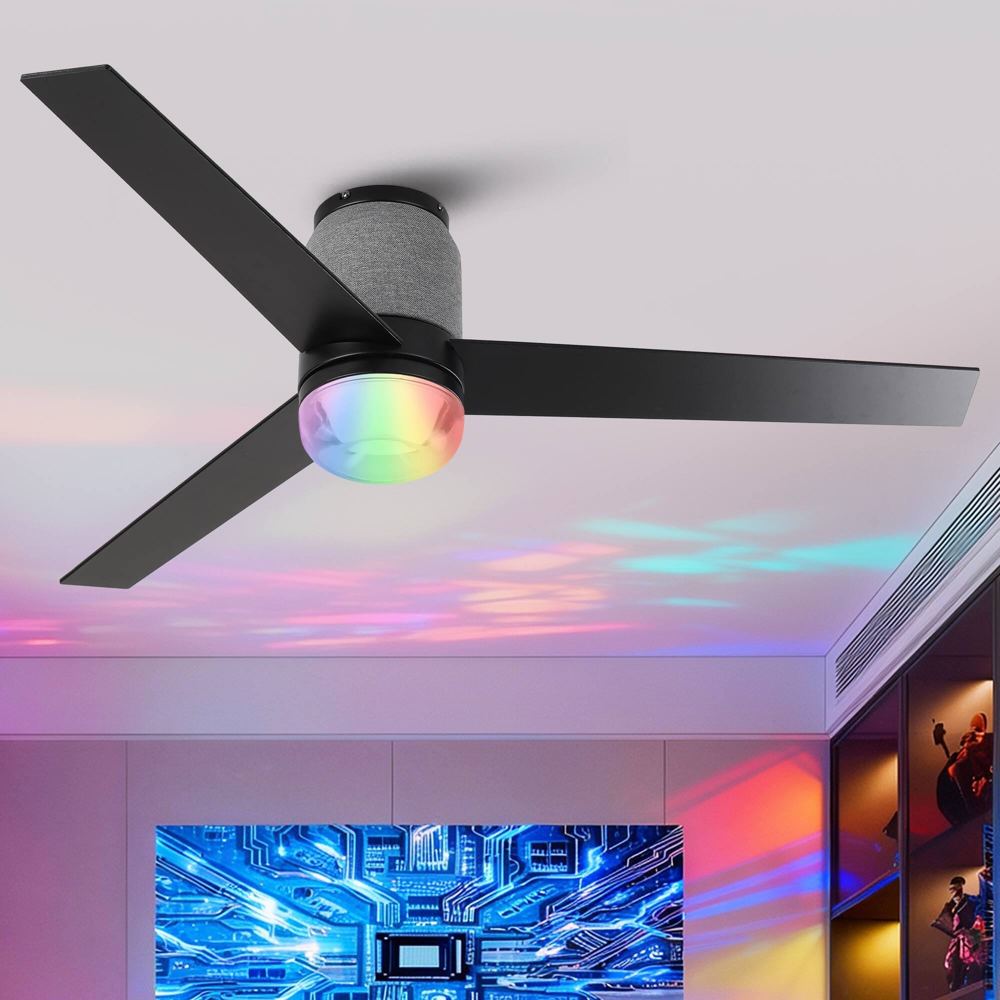 Alt View 2. Parrot Uncle - 52" Modern RGB LED Low Profile Smart Ceiling Fan with Light and Remote and App Control - Matte Black.