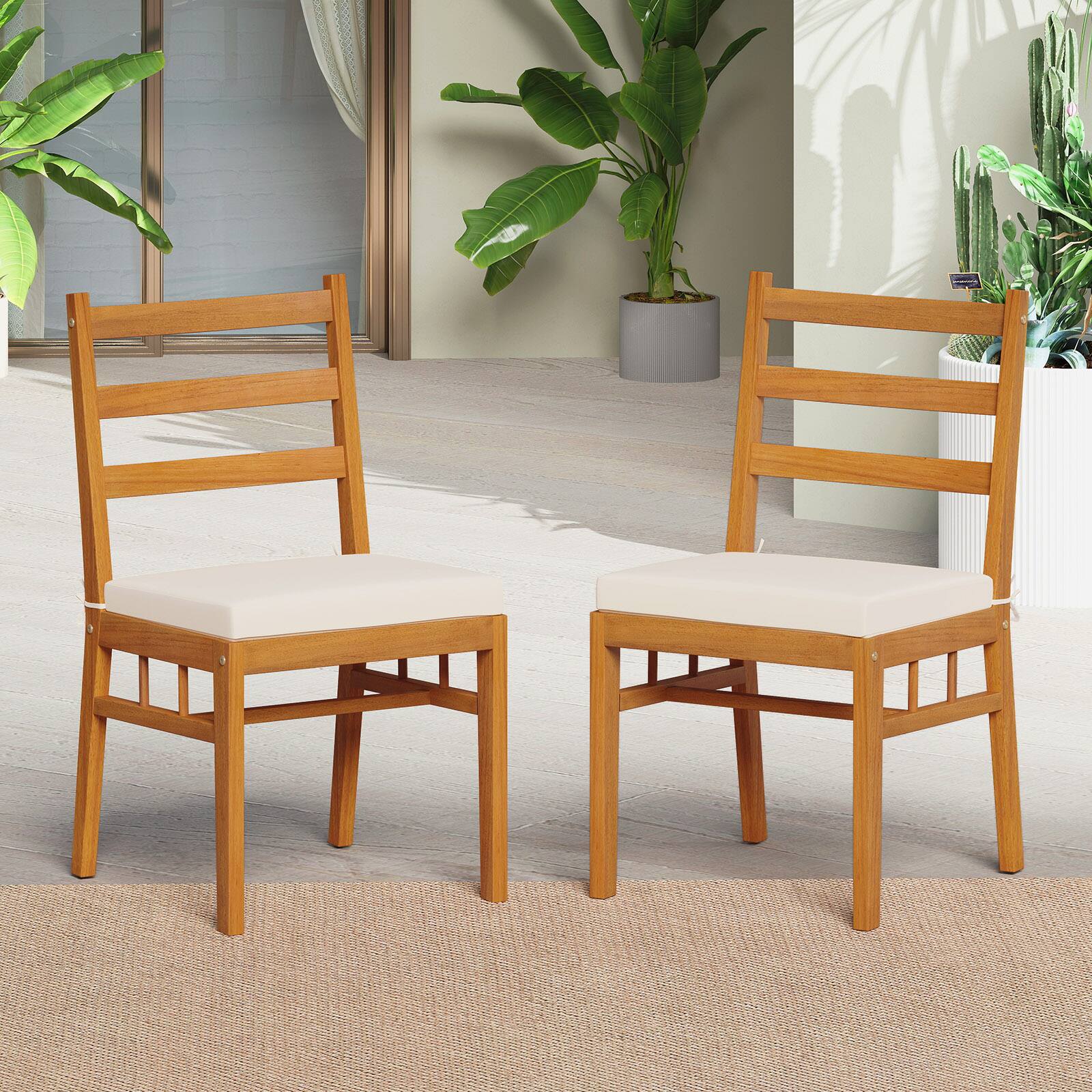 Alt View 3. Gymax - Gymax Solid Acacia Wood Patio Chair Set of 4 w/ Padded Seat Cushions - White.