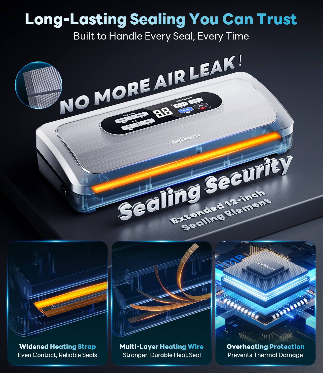 Long-Lasting Sealing You Can Trust  
Built to Handle Every Seal, Every Time  

NO MORE AIR LEAK!  

Sealing Security  
Extended 12-inch Sealing Element  

- Widened Heating Strap  
  Even Contact, Reliable Seals  

- Multi-Layer Heating Wire  
  Stronger, Durable Heat Seal  

- Overheating Protection  
  Prevents Thermal Damage