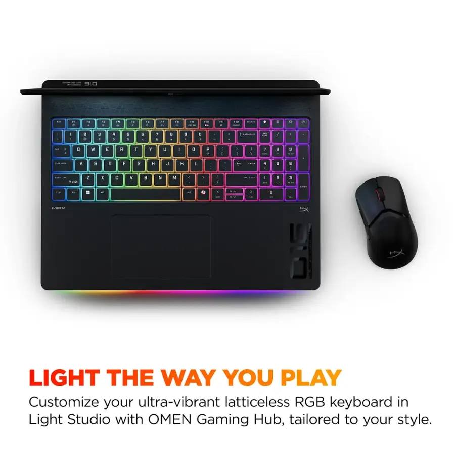 Customize your ultra-vibrant latticeless RGB keyboard in Light Studio with OMEN Gaming Hub, tailored to your style.