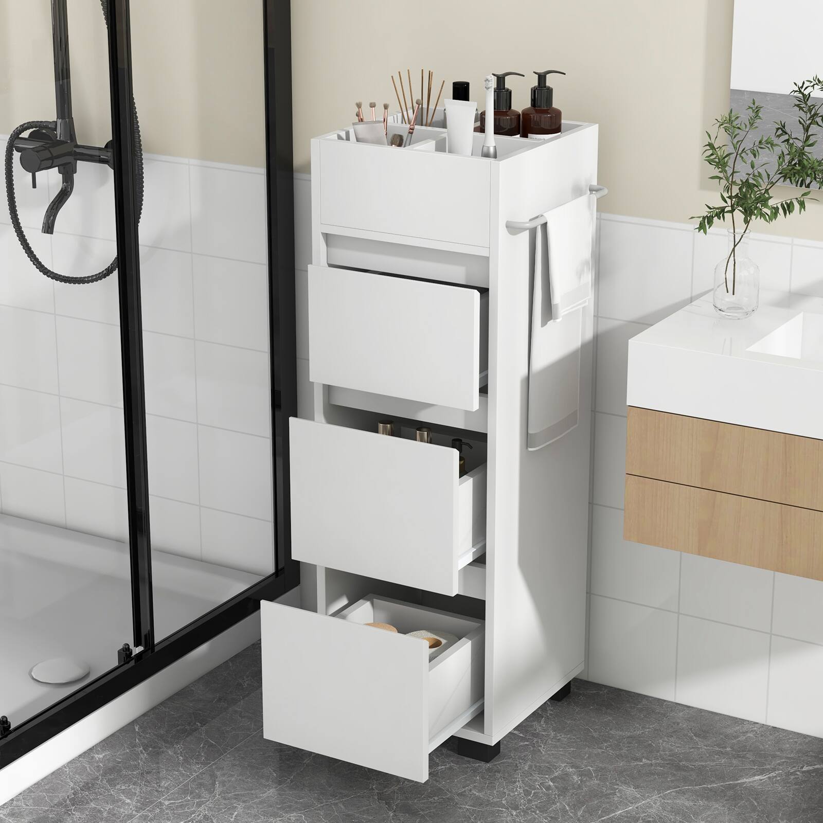 Alt View 8. Ecooso - Freestanding Bathroom Floor Cabinet with 3 Drawers, Dividers, and Towel Rack - White.