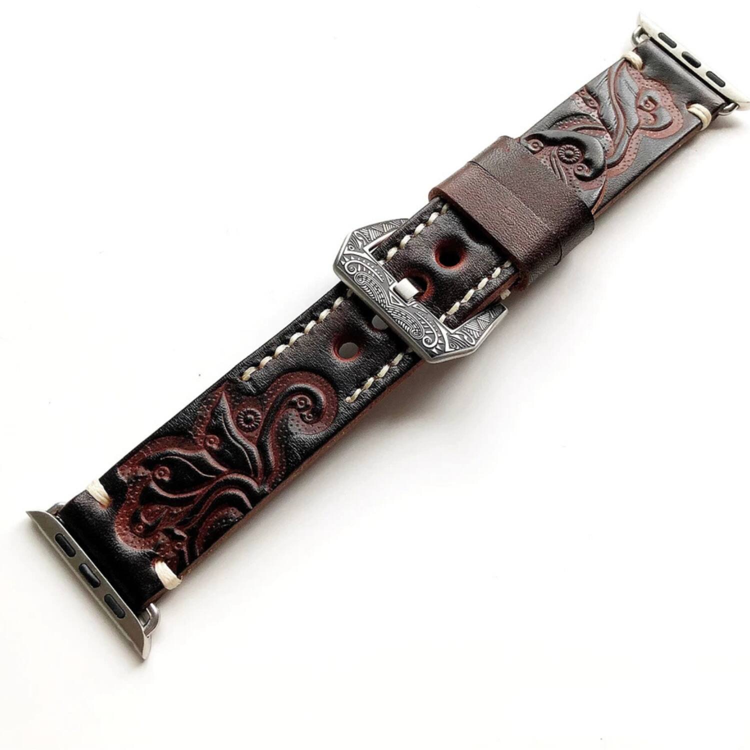 Left. Home Collection - Dark Brown Embossed Band Strap for Apple Watch Ultra 2 - Black with smooth buckle - Black.