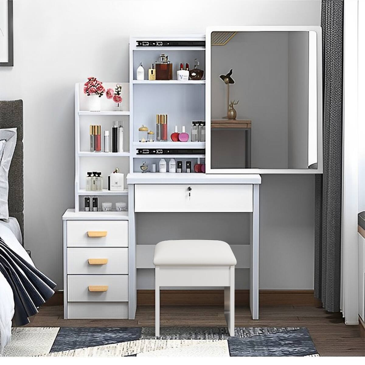 Front. Loheer - Loheer White Makeup Vanity Desk with Chair, Large Lighted Makeup Vanity Mirror, Four Drawers - White.