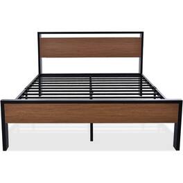Hivvago - Queen Metal Platform Bed with Walnut Finish Wood Panel Headboard Footboard - Brown, Black
