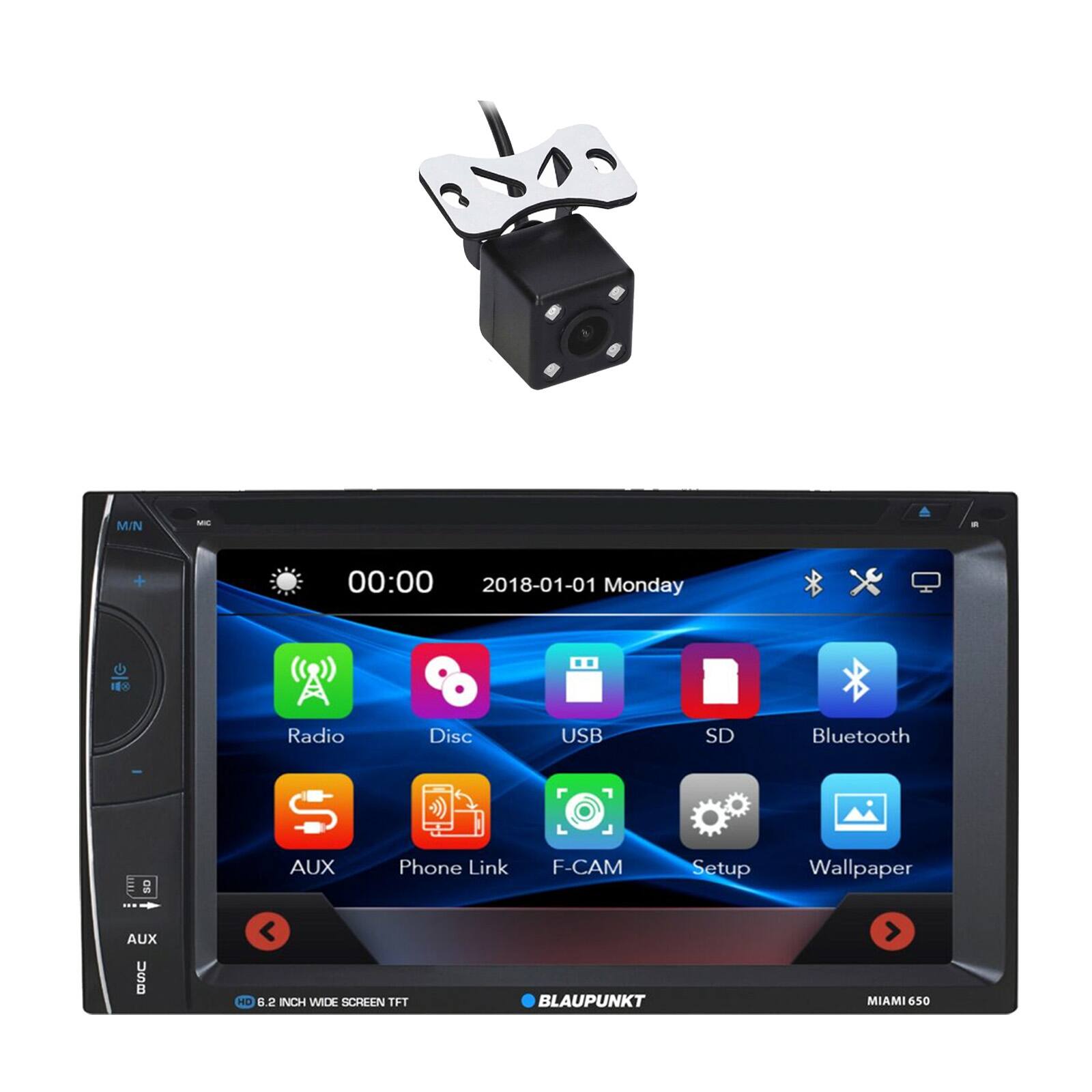M/N - 00:00 2018-01-01 Monday  
Radio Disc USB SD Bluetooth e S0 S AUX Phone Link F-CAM Setup Wallpaper AUX USB  
8.2 INCH WIDE SCREEN TFT  
BLAUPUNKT MIAMI 650