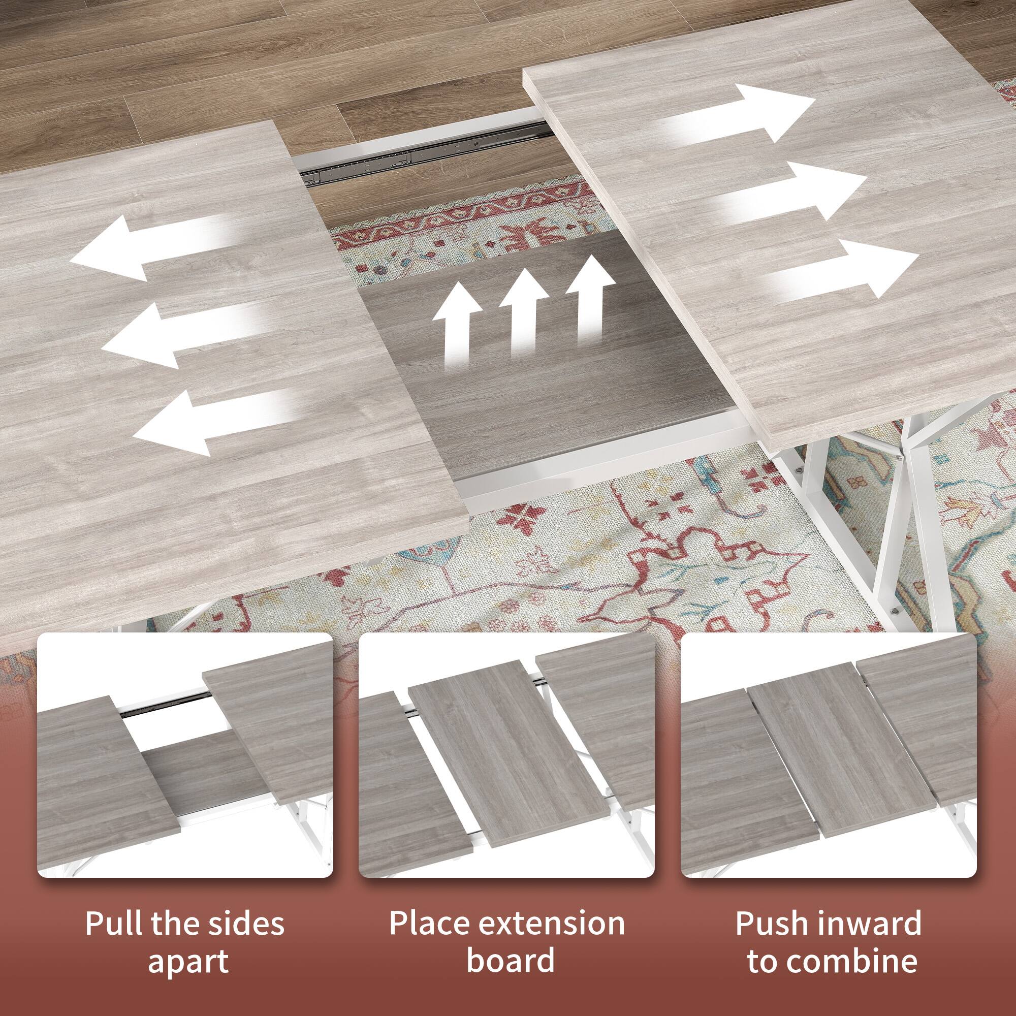 F Pull the sides apart, Place extension board, Push inward to combine