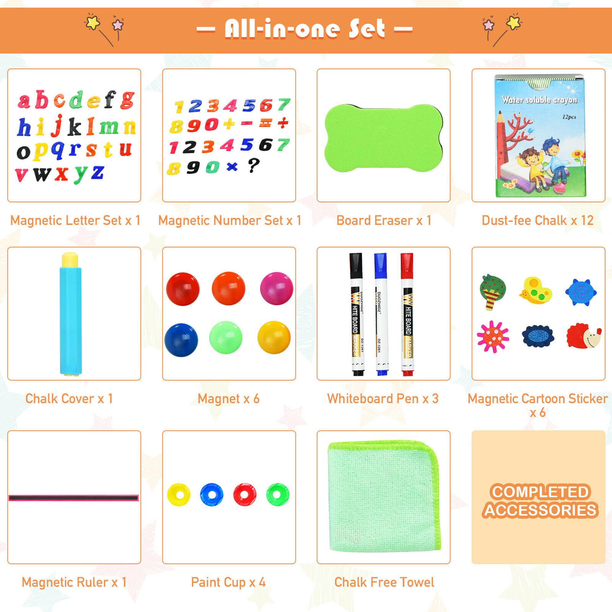 * All-in-one Set -  abcdefg 1234567 7 hijklmn 890++ + 1234567 2 5 7 opqrstu 890? x  vwxyz Water oil-based paintbrush Magnetic Letter Set X 1 Magnetic Number Set x 1 Board Eraser x 1 Dust-free Chalk X 12 TEBOARD | : SVTD i CNYORUM MARKER Chalk Cover X 1 Magnet x 6 Whiteboard Pen x 3 Magnetic Cartoon Sticker x 6 COMPLETED ACCESSORIES Magnetic Ruler x 1 Paint Cup x 4 Chalk Free Towel