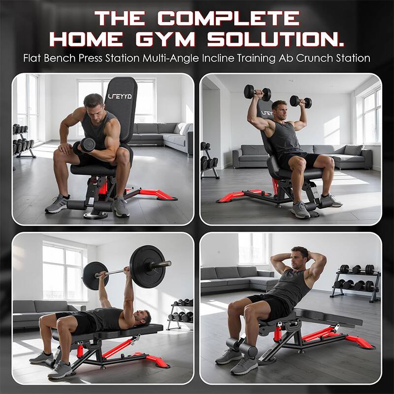 THE COMPLETE HOME GYM SOLUTION.  
Flat Bench Press Station Multi-Angle Incline Training Ab Crunch Station