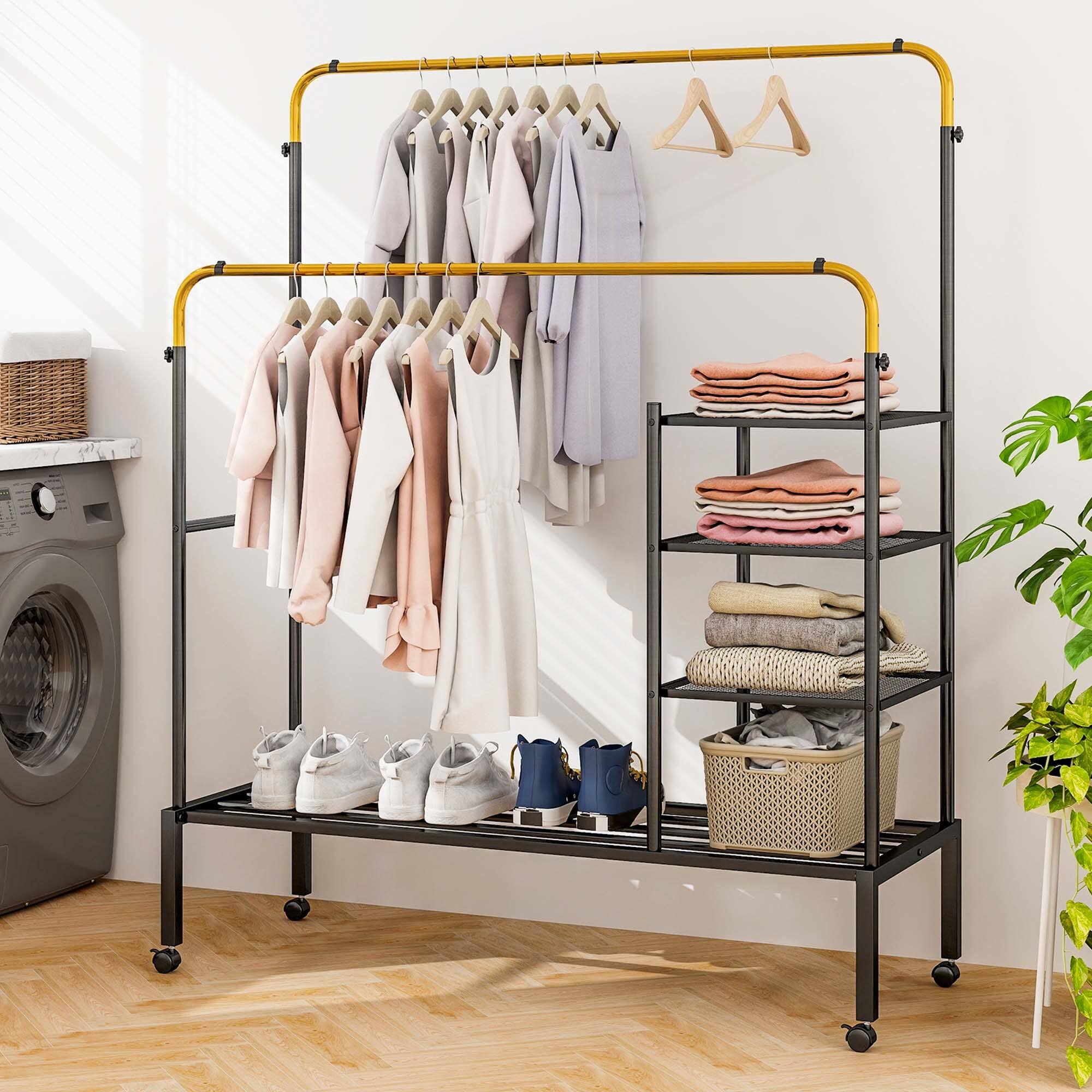 Alt View 1. Costway - Costway Rolling Clothes Drying Rack Double Rods Garment Rack with Height Adjustables Gold - Gold.