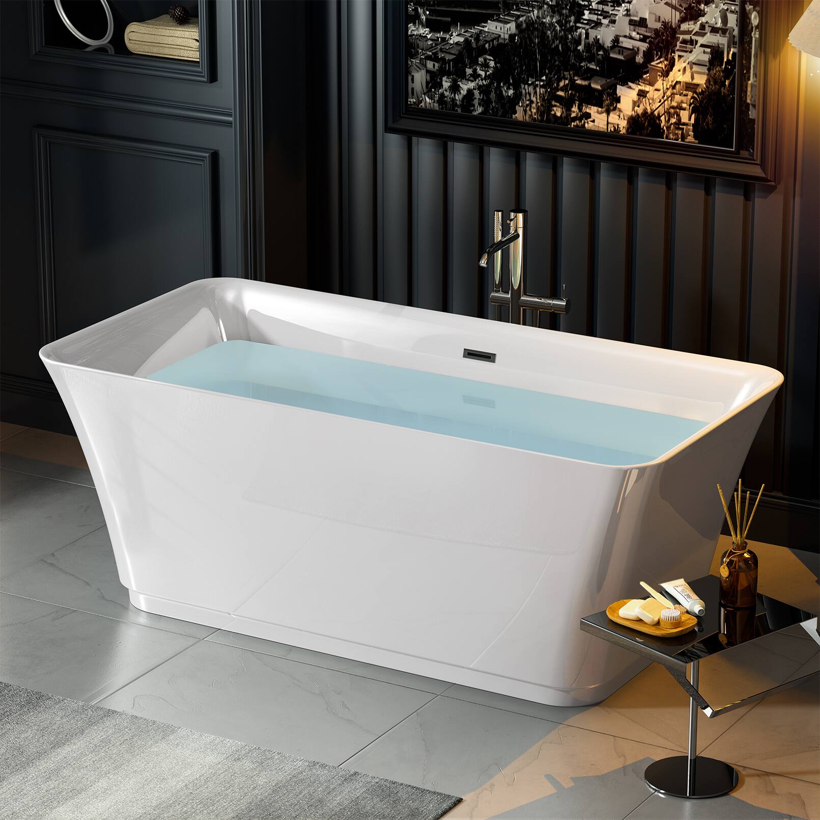 Alt View 1. Empava - 59 in. x 29.5 in. Freestanding Flat Bottom Bath Tub Soaking Bathtub with Center Drain - White.
