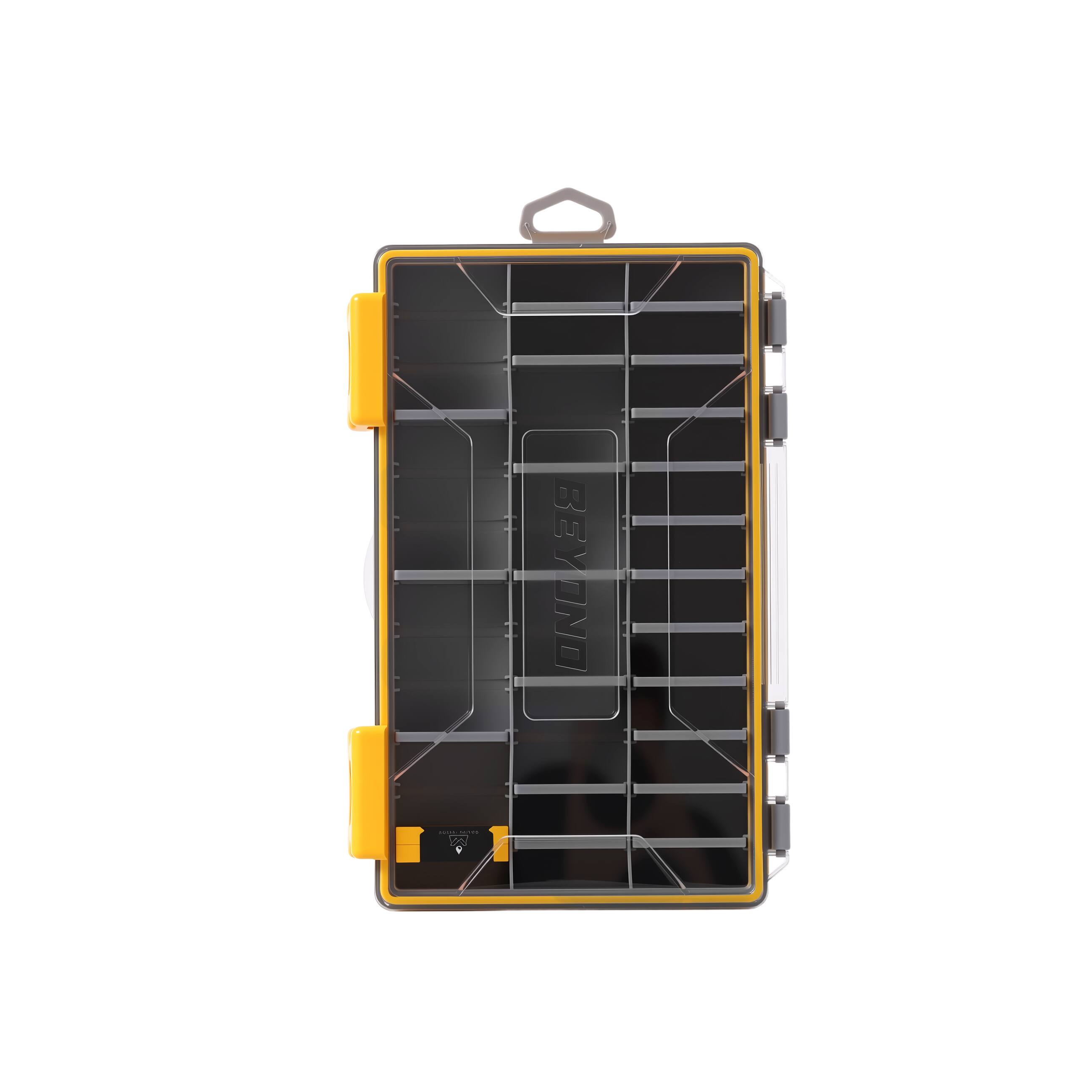 Front. Beyond Braid - DryLock Waterproof Tackle Box, Watertight 3600 & 3700 Tackle Trays with Dual-Latch Seal, Adjustable Removable Dividers - Black, Yellow.