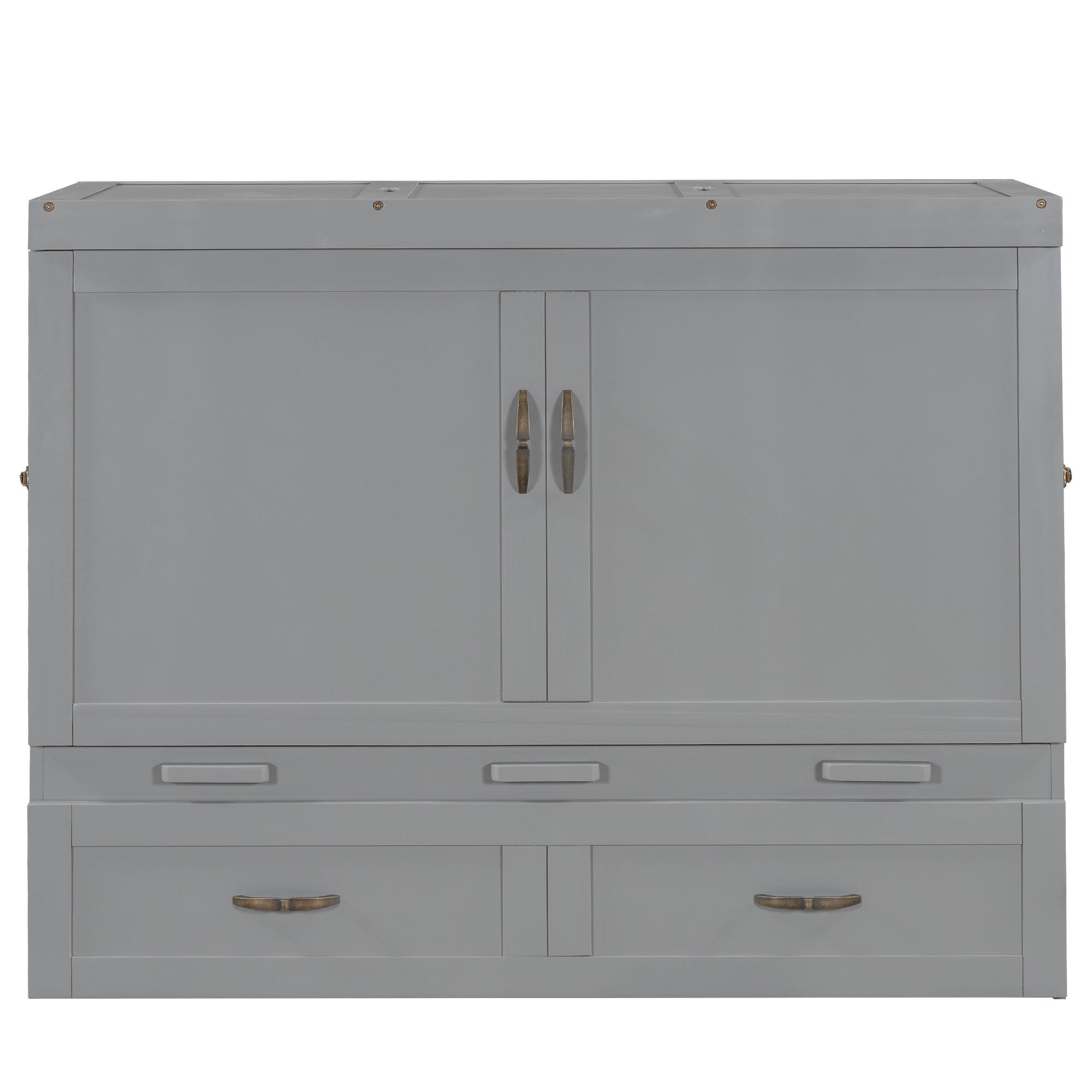 Left. Tiramisubest - Full Size Gray Murphy Bed with USB Ports, Drawers & Metal Handles, Solid Wood + MDF - Gray.