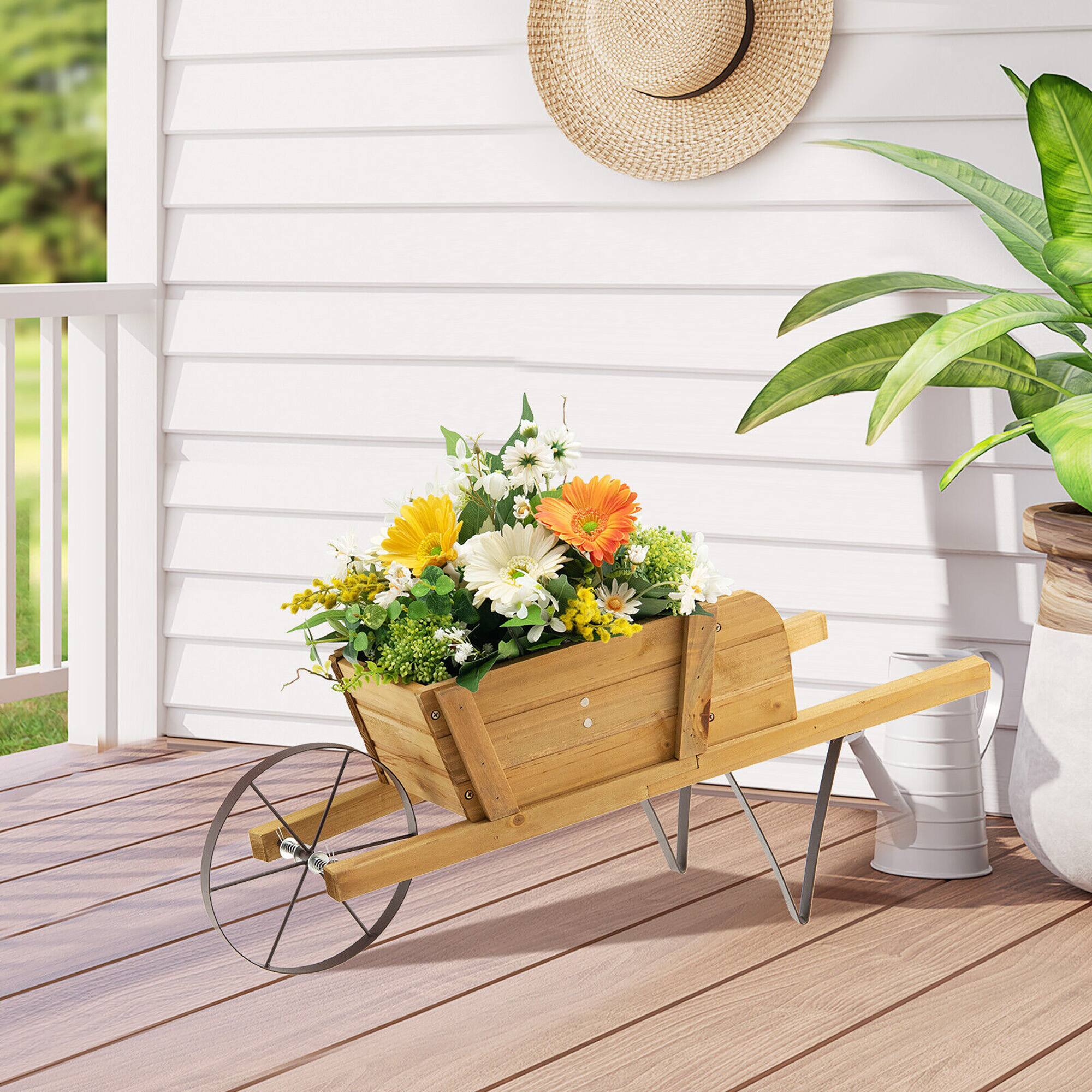 Alt View 4. Gymax - Gymax Wooden Wagon Planter Decorative Indoor/ Outdoor Rustic Flower Cart w/ Wheel Walnut - Walnut.