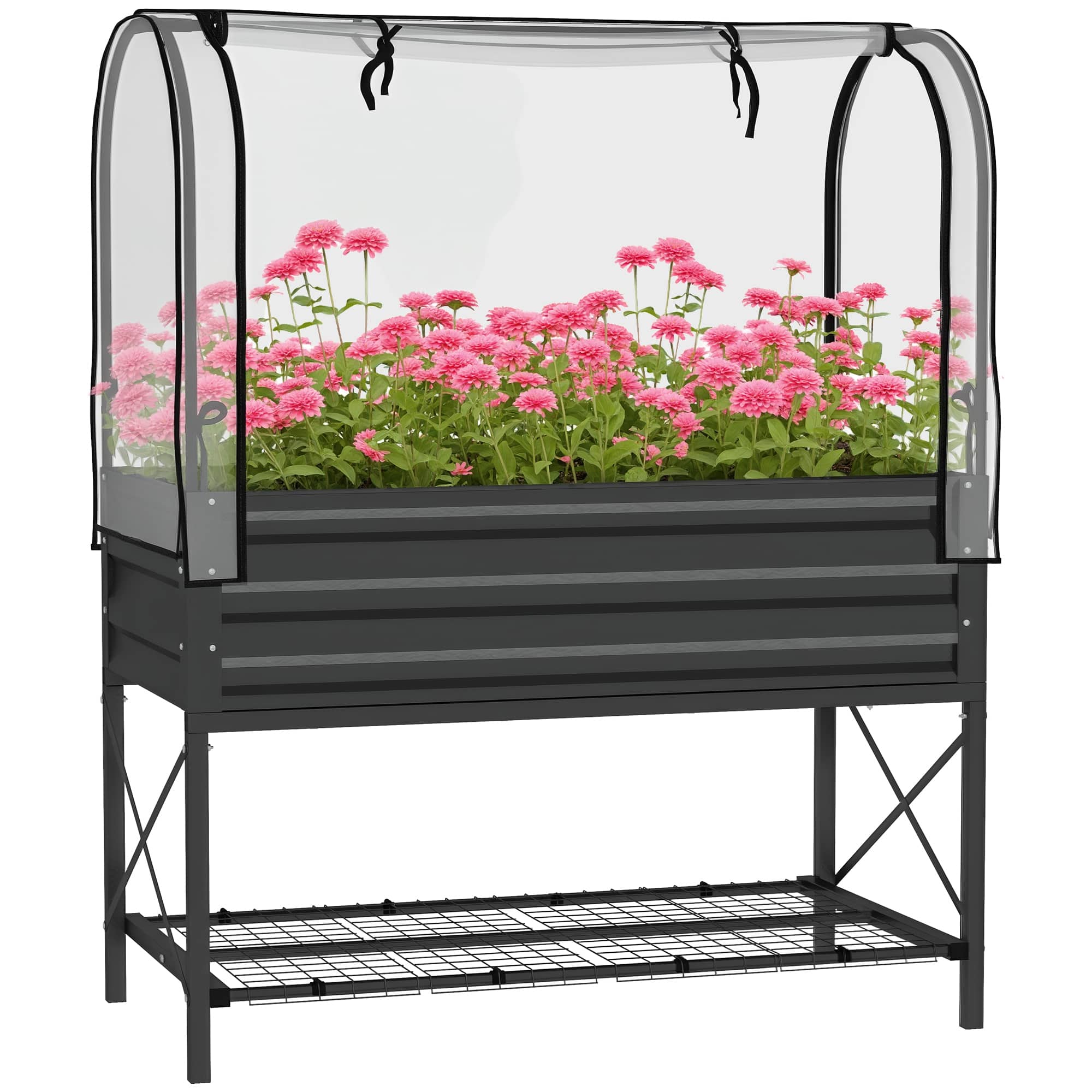Outsunny - Raised Garden Bed with Cover and Storage Shelf, Rectangular Metal Elevated Planter Box with Legs and Bed Liner - Black