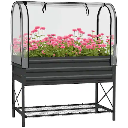 Front. Outsunny - Raised Garden Bed with Cover and Storage Shelf, Rectangular Metal Elevated Planter Box with Legs and Bed Liner - Black.