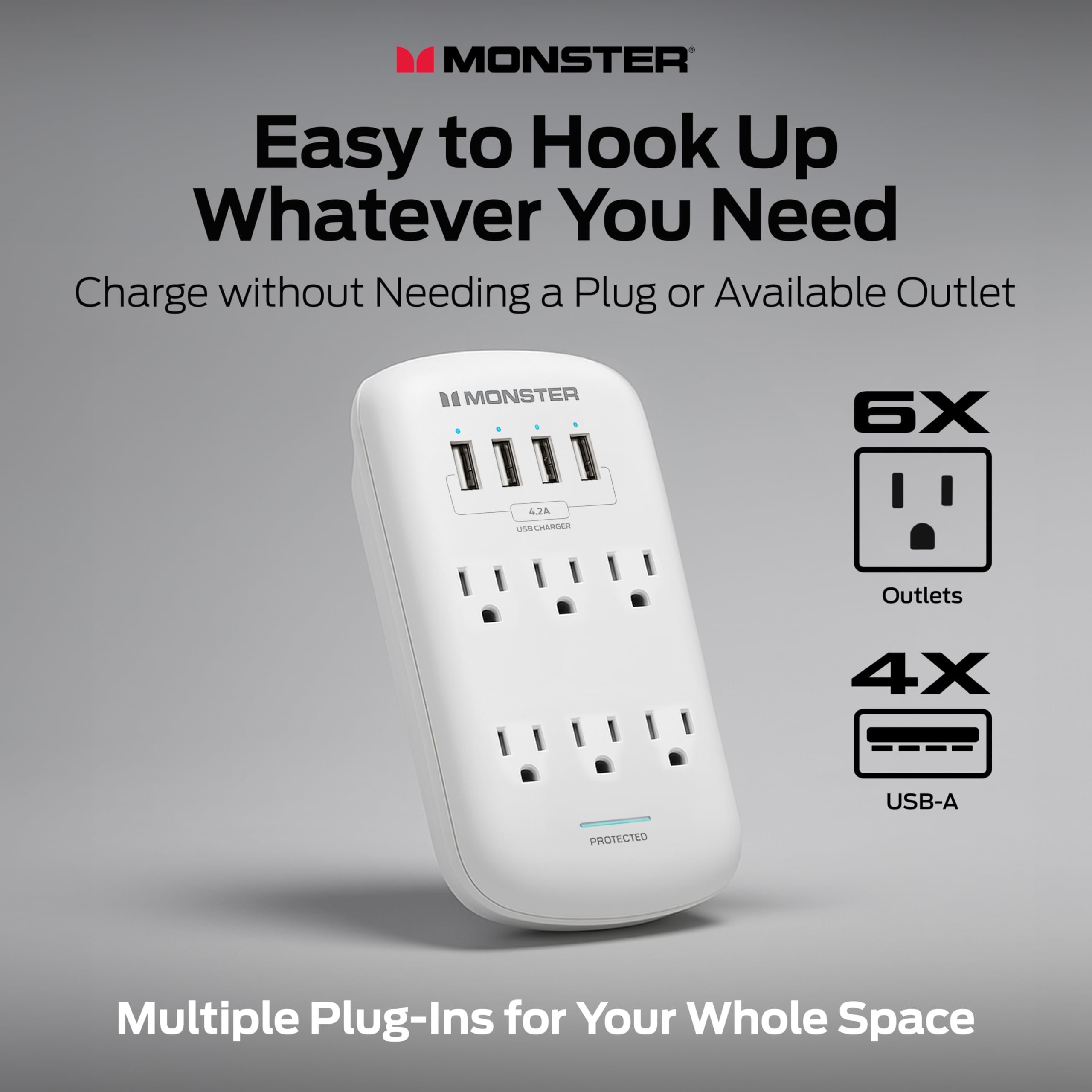 Easy to Hook Up Whatever You Need  
Charge without Needing a Plug or Available Outlet  

MONSTER 6X 4JA Charger  
Outlets 4X USB-A Protected  
Multiple Plug-Ins for Your Whole Space
