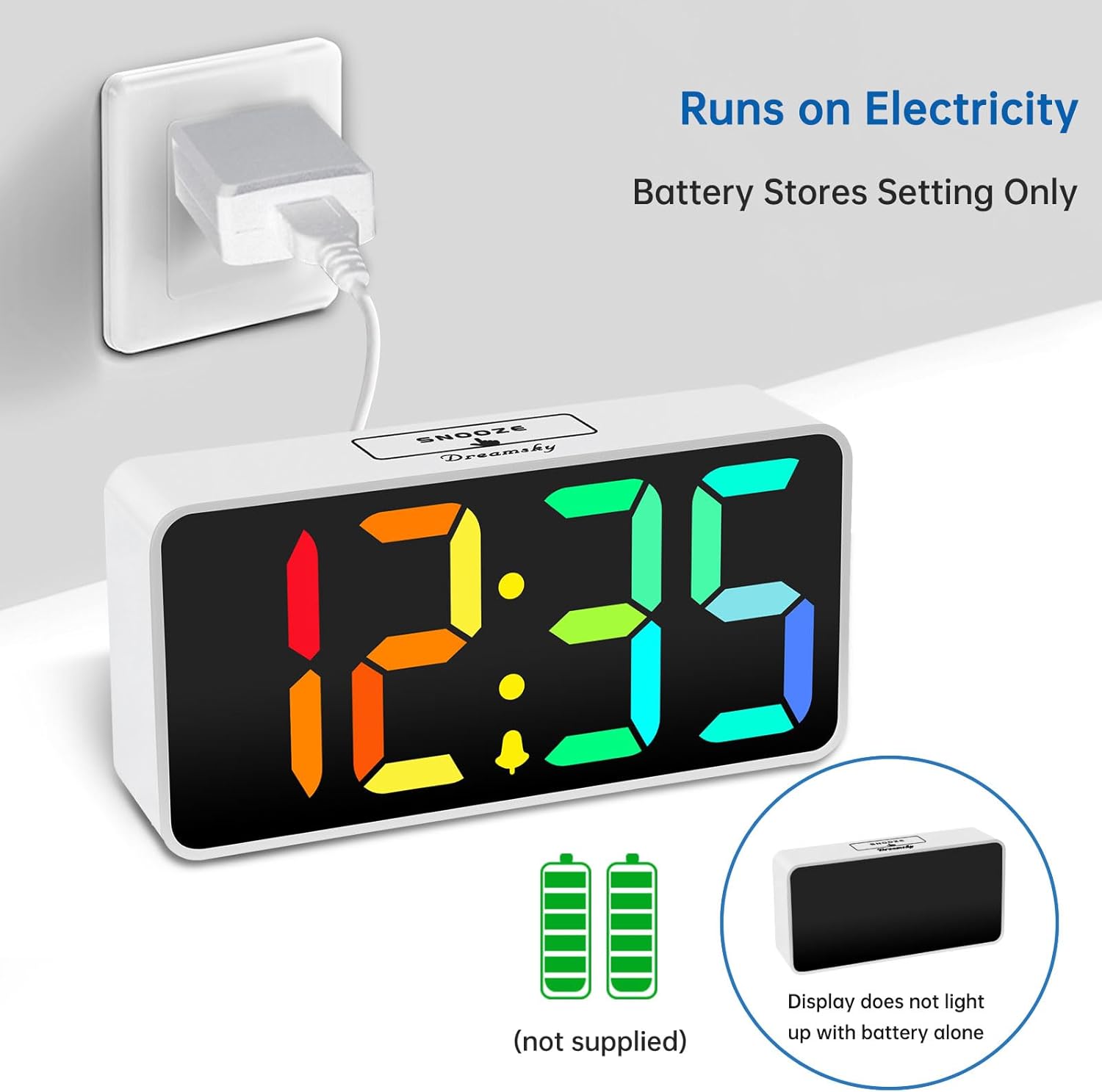 Runs on Electricity  
Battery Stores Setting Only  

Dreamsry 12:35  
Display does not light up with battery alone (not supplied)