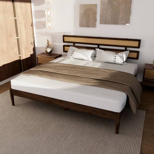 Alt View 7. Winado - Rattan Bed Frame with Headboard Boho Wooden Platform Panel Bed with Underbed Storage for Bedroom No Box Spring Needed - Brown.