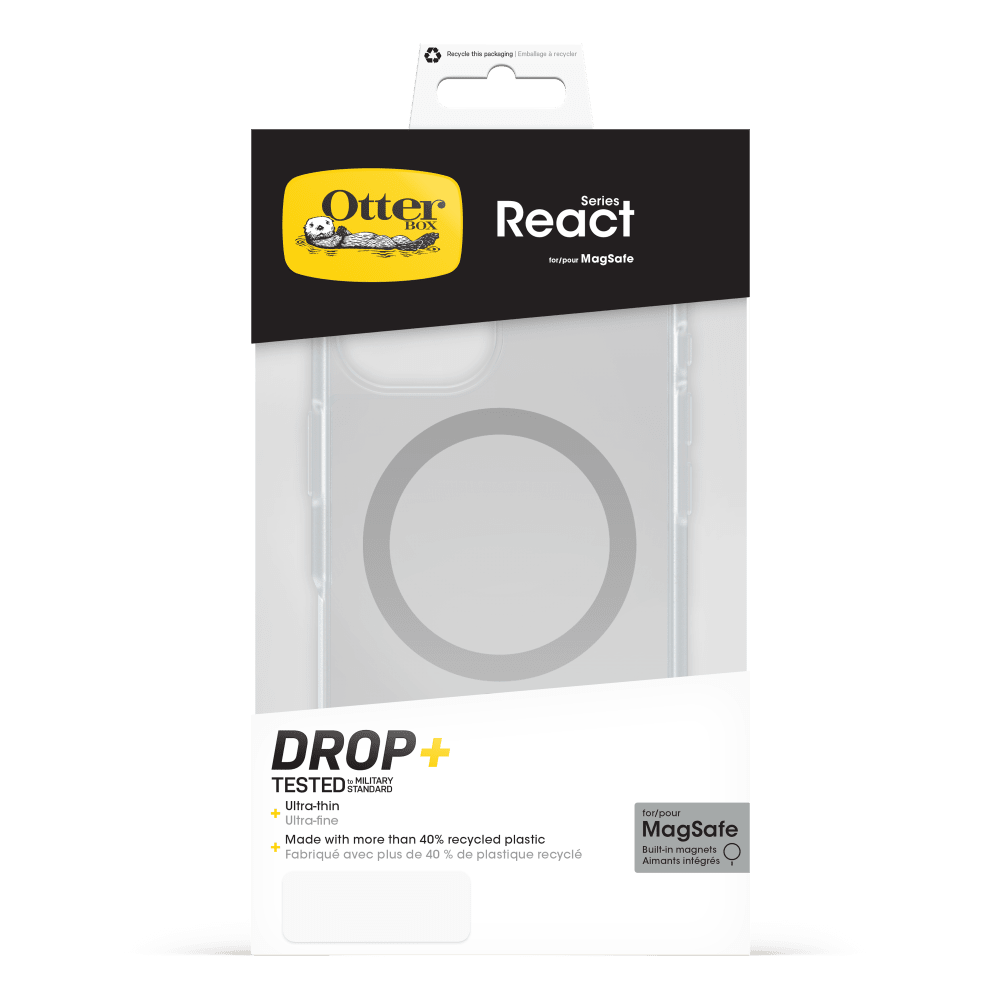 - Recycle this packaging
- Enbalage brocycler
- Otter Series BOX React for/pour MagSafe
- DROP+ to MILITARY TESTED STANDARD Ultra-thin + Ultra-fine Made with more than 40% recycled plastic + Fabriqu avec plus de 40 % de plastique recyclé
- for/pour MagSafe Buil-in magnets Aimants intégrés