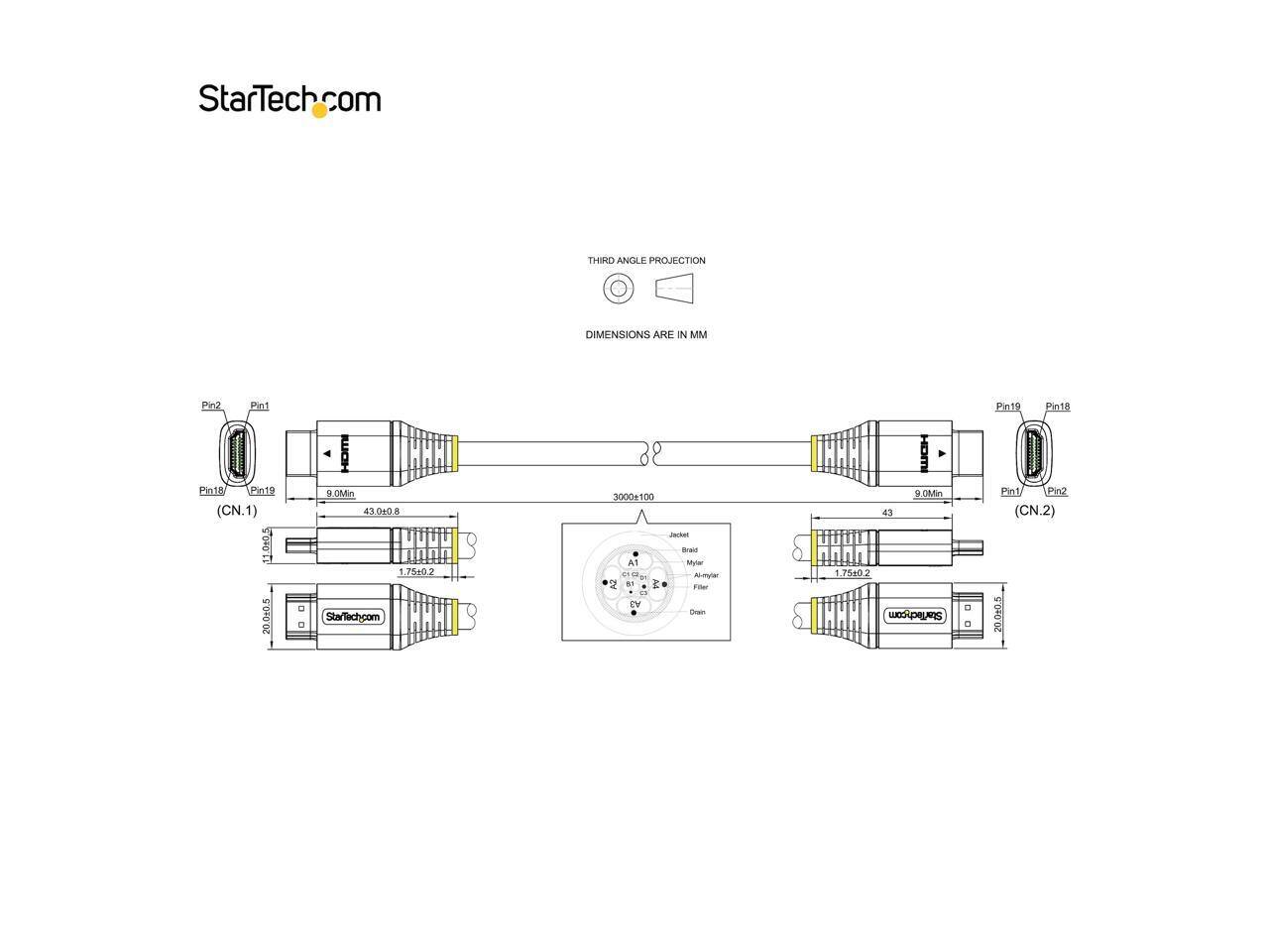StarTech.com THIRD ANGLE PROJECTION DIMENSIONS ARE IN MM

Pinz Pin1 Pn18 Pints (CN.1)  
11.9105 20.010.5  
- a HOM R.0Min 430408 8 1.75192  
Sta/Tech.com 88 3000+100 - -ras A1 Myar S - 2 M E  
CN Damn F R0Min 43 .75602  
StafTechcom Pin19 Pin18 Pint Pinz (CN.2)  
- 20.099.5