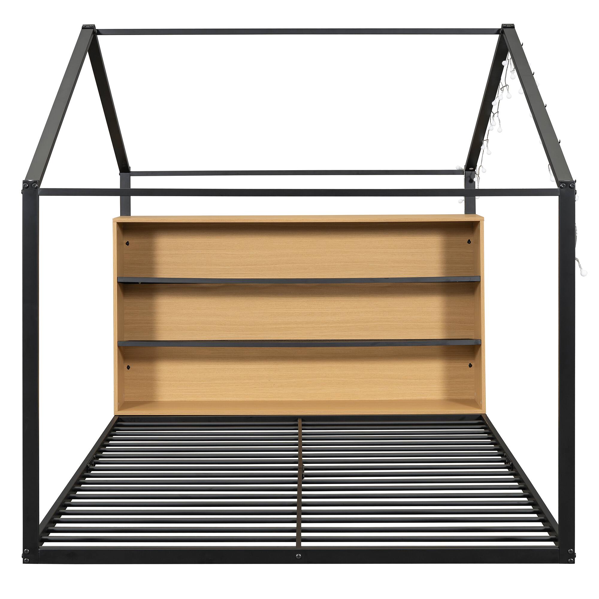 Alt View 6. GOODSILO - Full Size Metal House Bed Frame with Shelves and Lights - Black.