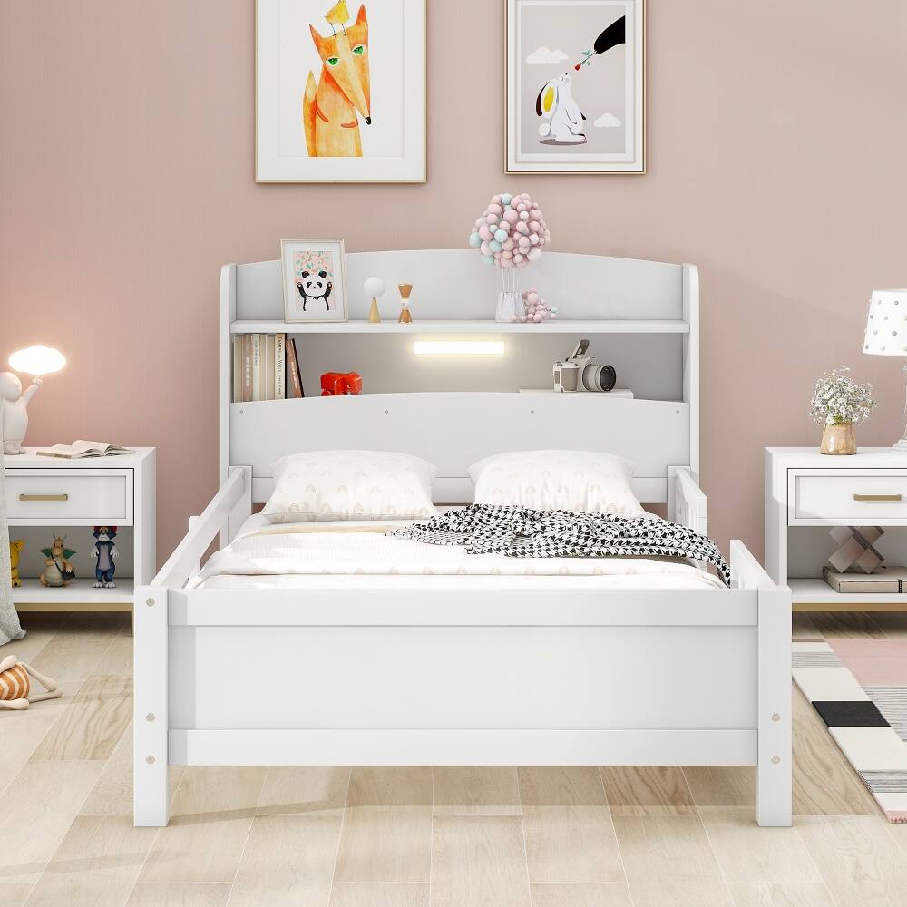 Angle. Loheer - Loheer Twin Size Platform Bed, Wood Twin Bed with Built-in LED Light, Storage Headboard and Guardrail, White - White.