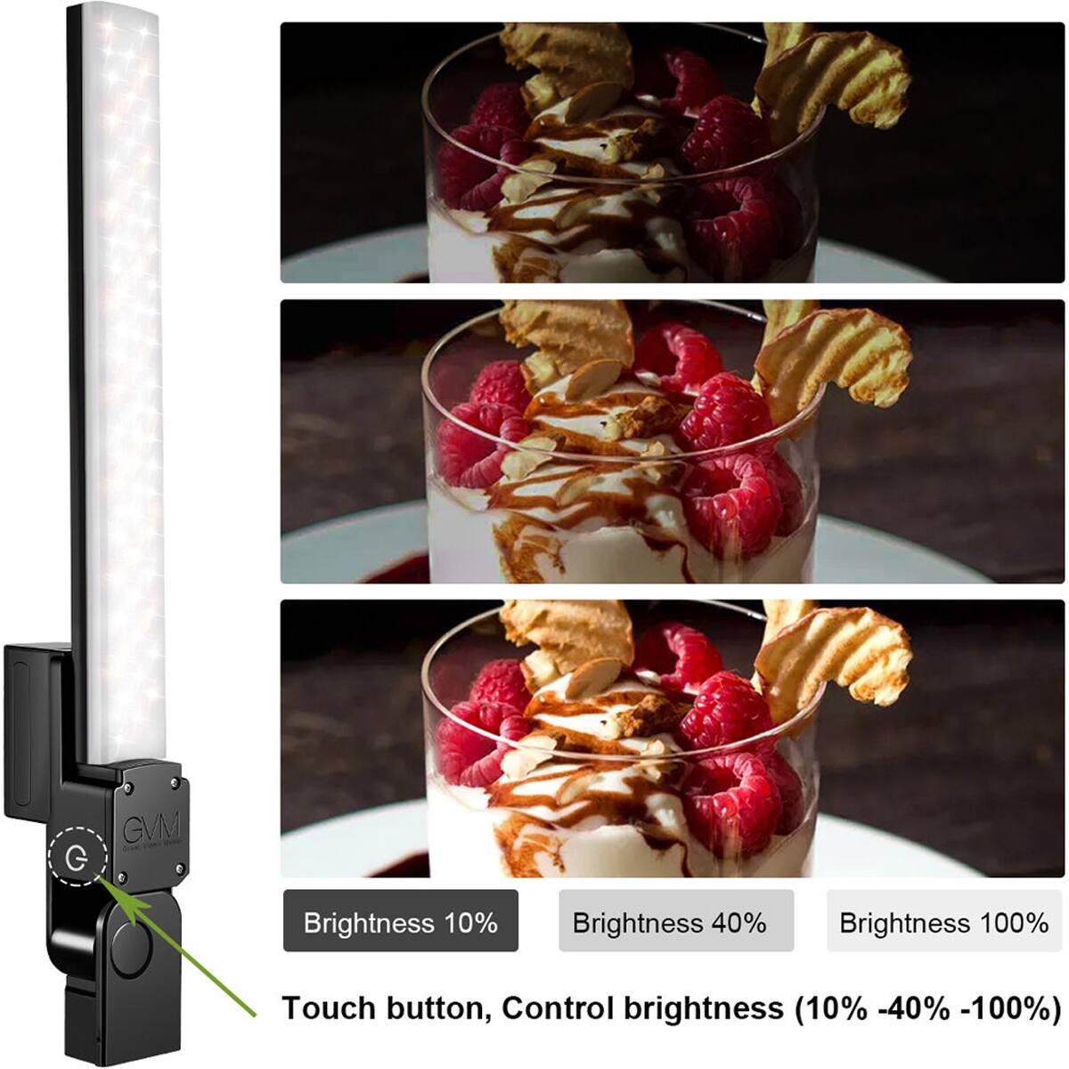 G GVM Brightness 10% Brightness 40% Brightness 100% Touch button, Control brightness (10% -40% -100%)