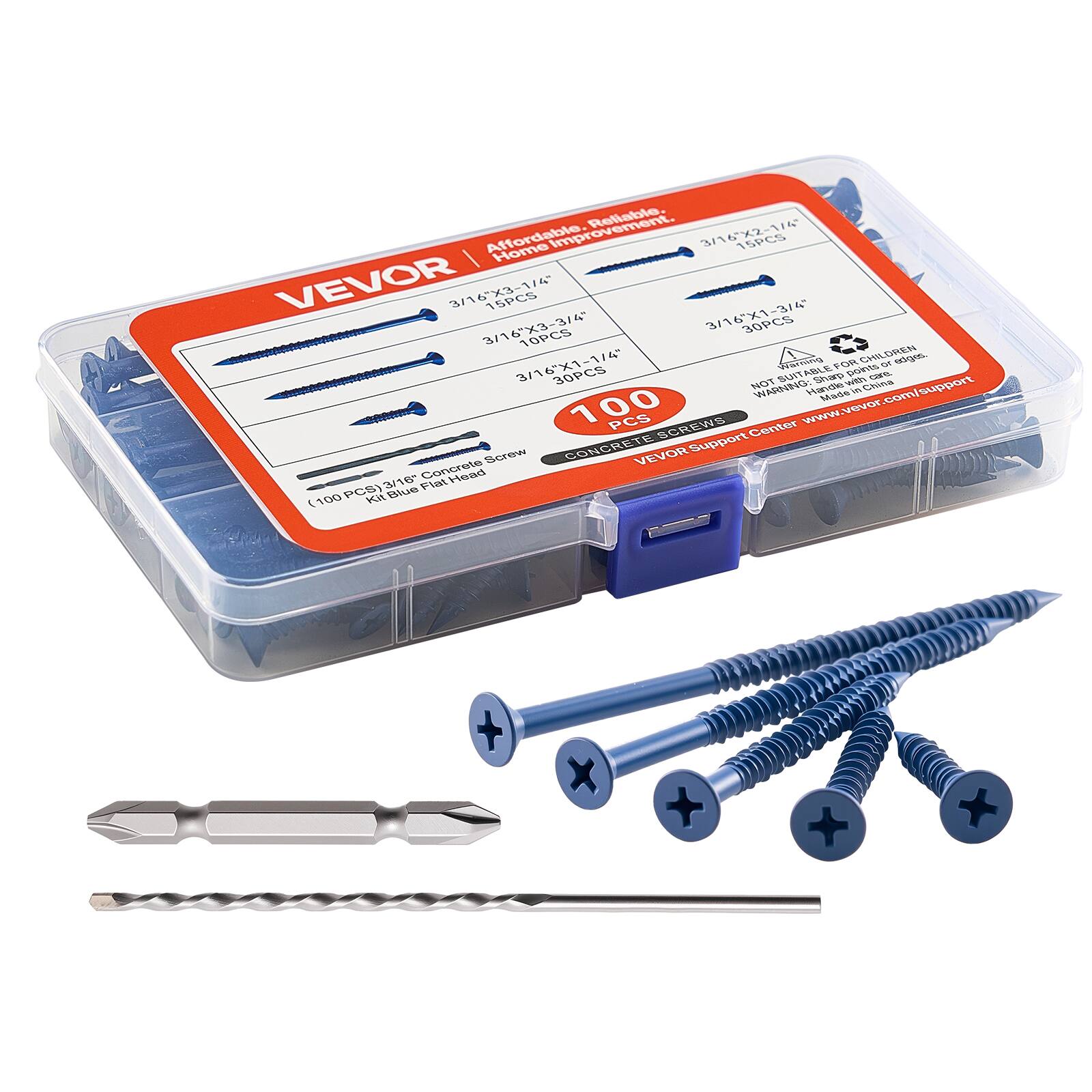 Reliable Affordable Improvement.

VEVOR

3/16"X2-1/4" 15PCS  
3/16"X3-1/4" 15PCS  
3/16"X3-3/4" 30PCS  
3/16"X1-1/4" 30PCS  
3/16"X1-1/4" 10PCS  

100 PCS  
3/16" Concrete Screw  
Kil Blue Flat Head  

100 PCS  

VEVOR Support Center  
www.vevor.com/support  

Hand Made  
6 Cove support  
100%  

Blue  

WARNING:  
NOT FOR USE WITH ELECTRIC TOOLS.  
MADE IN CHINA  

Affordable, Reliable, Home Improvement.