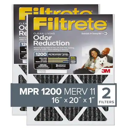 Filtrete CLEAN LIVING Electrostatic Air Cleaning Filter Removes Mildew and Odor Reduction Removes Strong Odors in Your Air from Pets, Cooking, Mildew & Working in Minutes! 1200 FILTRATION LEVEL GLIA OOO - SON 65x DAT LEM POLLER MEI ODOR AIRFLOW LABTE uP TO GUARANTEED 3 MONTHS CONTAINS 3M FILTER MPR 1200 MERV 11 2 16" X 20" X 1" FILTERS