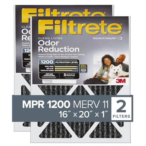 Filtrete CLEAN LIVING Electrostatic Air Cleaning Filter Removes Mildew and Odor Reduction Removes Strong Odors in Your Air from Pets, Cooking, Mildew & Working in Minutes! 1200 FILTRATION LEVEL GLIA OOO - SON 65x DAT LEM POLLER MEI ODOR AIRFLOW LABTE uP TO GUARANTEED 3 MONTHS CONTAINS 3M FILTER MPR 1200 MERV 11 2 16" X 20" X 1" FILTERS