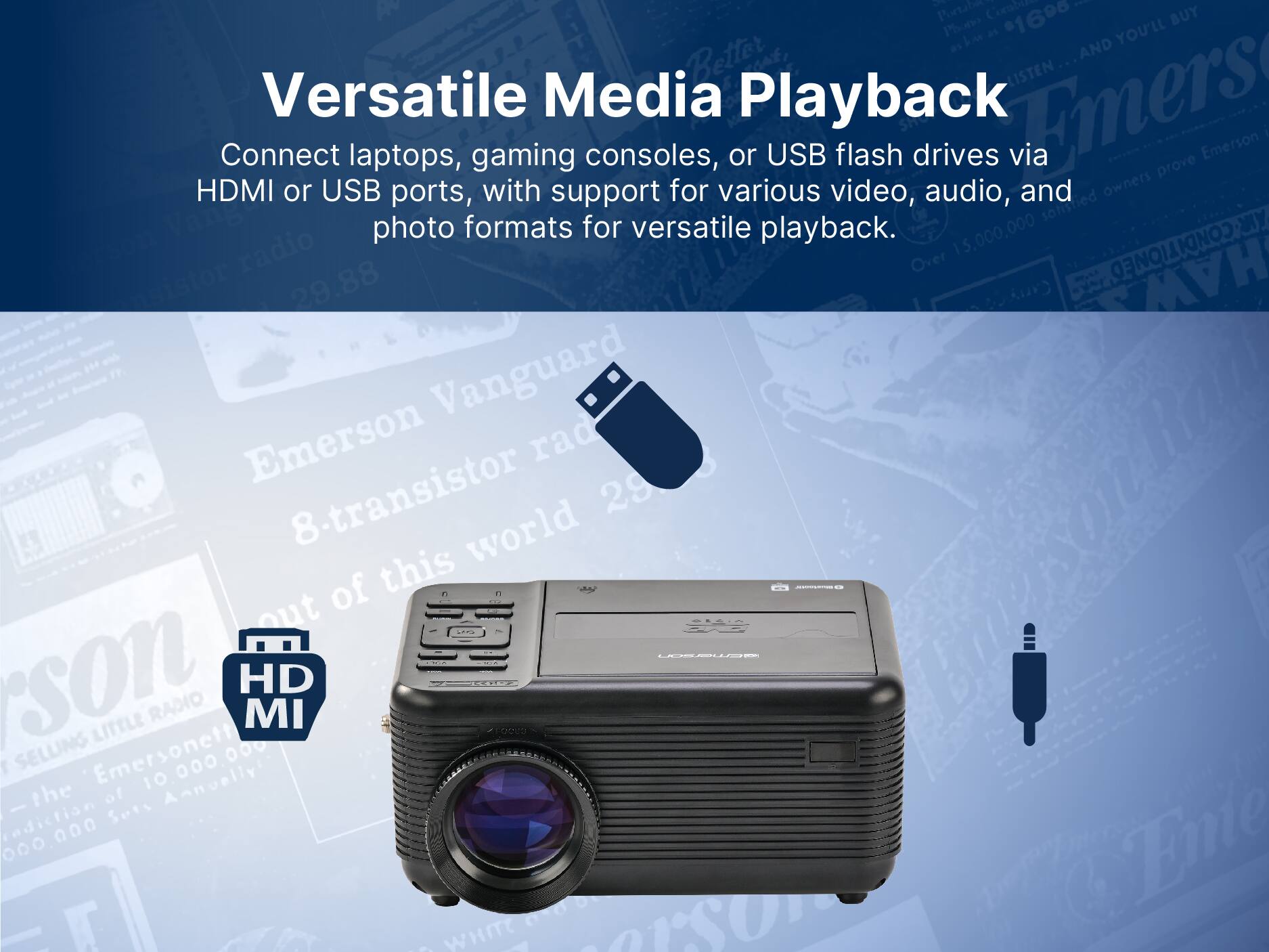 Connect laptops, gaming consoles, or USB flash drives via HDMI or USB ports, with support for various video, audio, and photo formats for versatile playback.