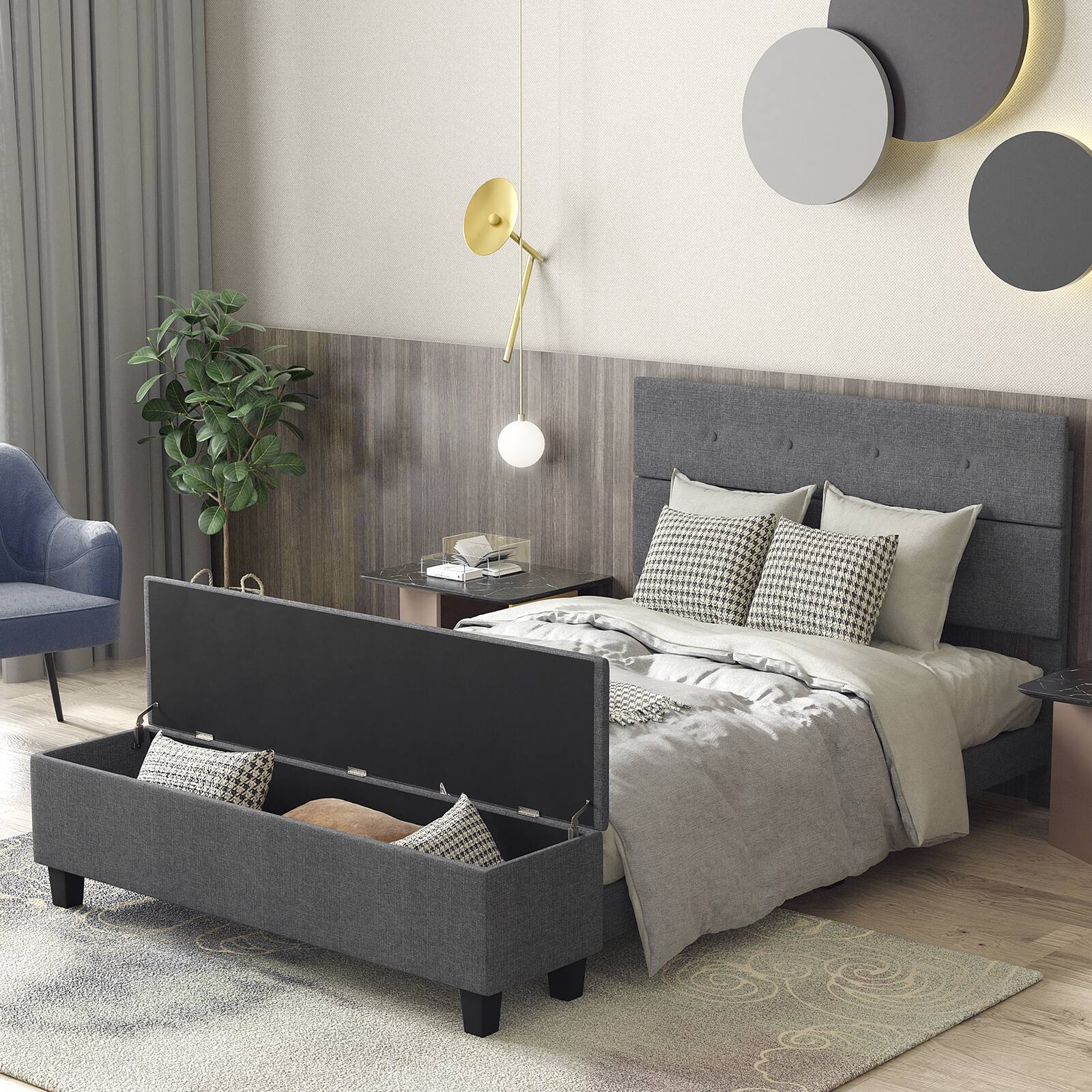 Alt View 1. Ecooso - Full Upholstered Bed Frame with Ottoman Storage - Gray.