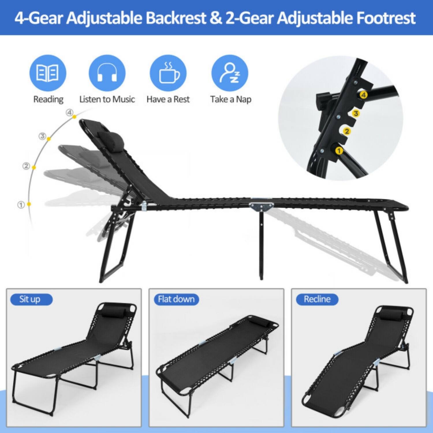 4-Gear Adjustable Backrest & 2-Gear Adjustable Footrest

- Reading
- Listen to Music
- Have a Rest
- Take a Nap

Sit up  
Flat down  
Recline