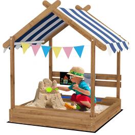 Outsunny - Wooden Sandbox with Canopy, Kids Sand Pit, Liner, Blackboard, Sink, Playset, Flags, Ages 3-7, 49" x 46" x 57.5"