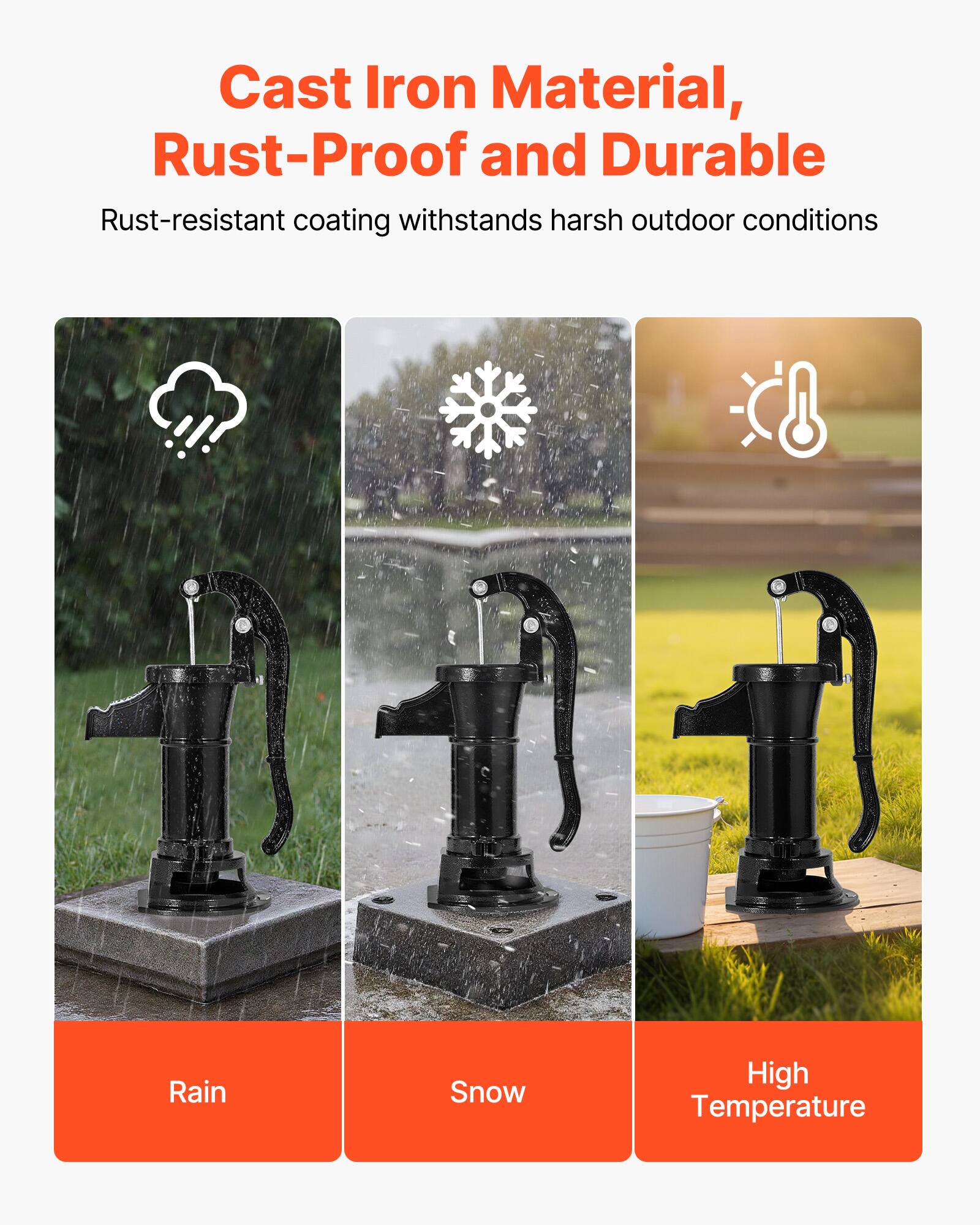 Cast Iron Material, Rust-Proof and Durable

Rust-resistant coating withstands harsh outdoor conditions

Rain Snow High Temperature