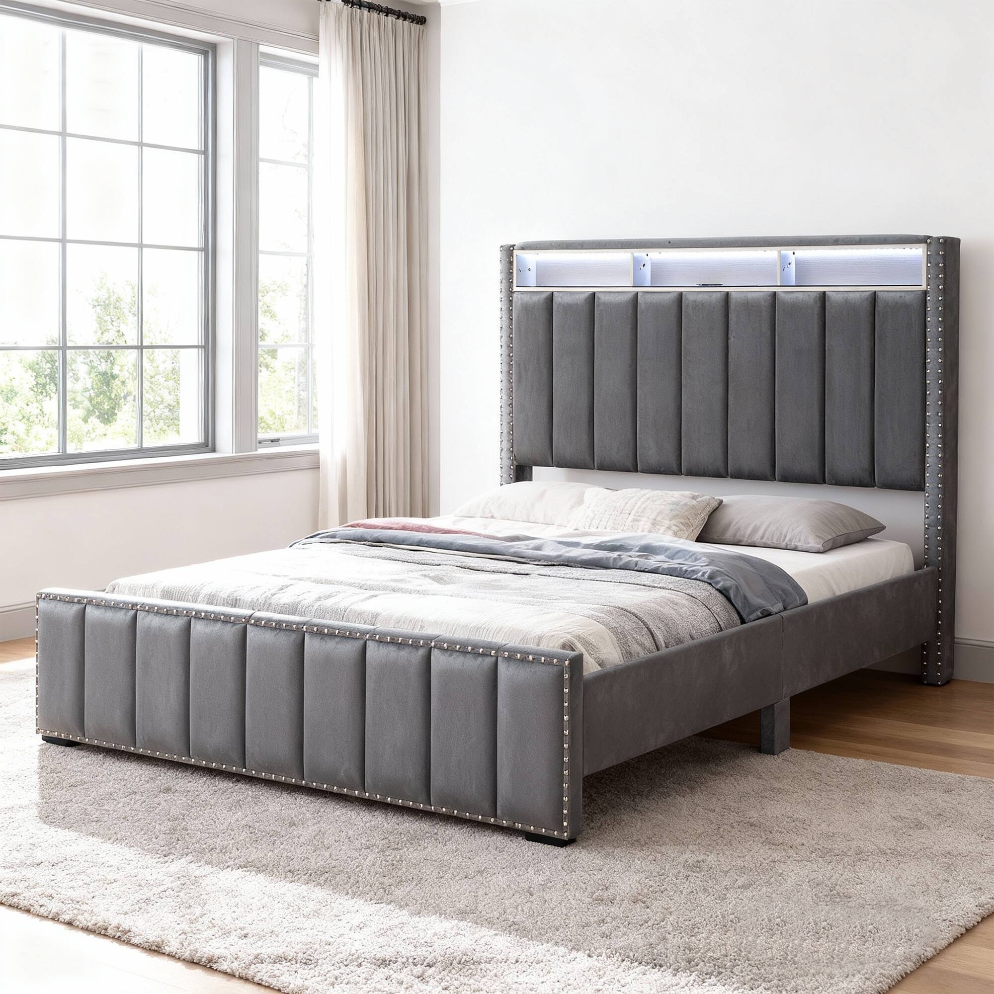 Left. Vaczon - Full Platform Bed with USB & Power Outlets, Fabric Headboard Solid Wood Frame, Modern Bedroom Furniture - Dark Gray.