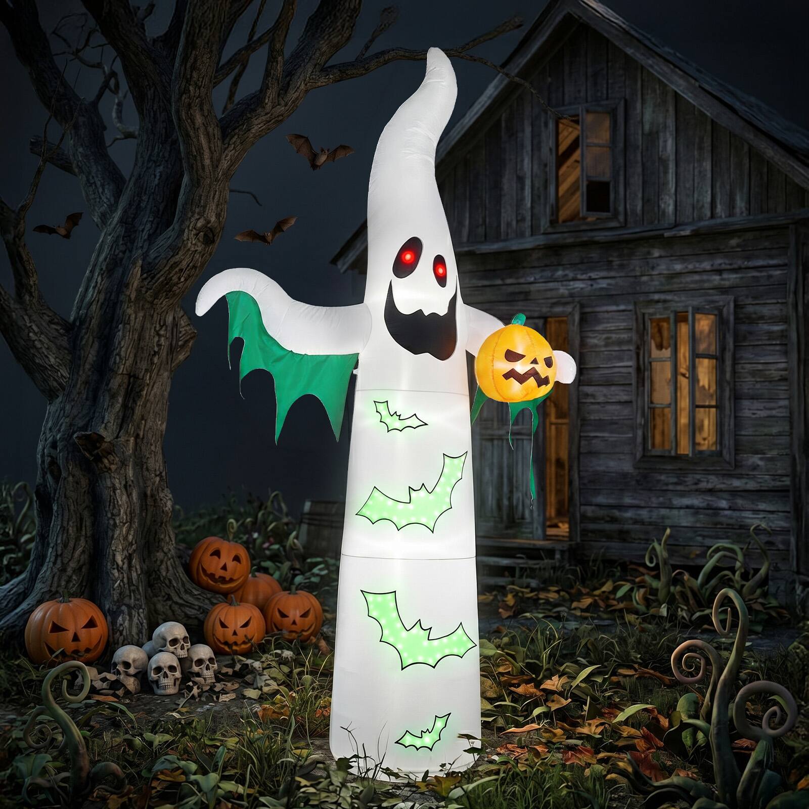 Alt View 6. Sunoyar - 12FT Halloween Inflatable Ghost & Bats LED Yard Decor w/82 String Lights & 4 Spotlights Plug-in Outdoor Lawn Decoration - White.