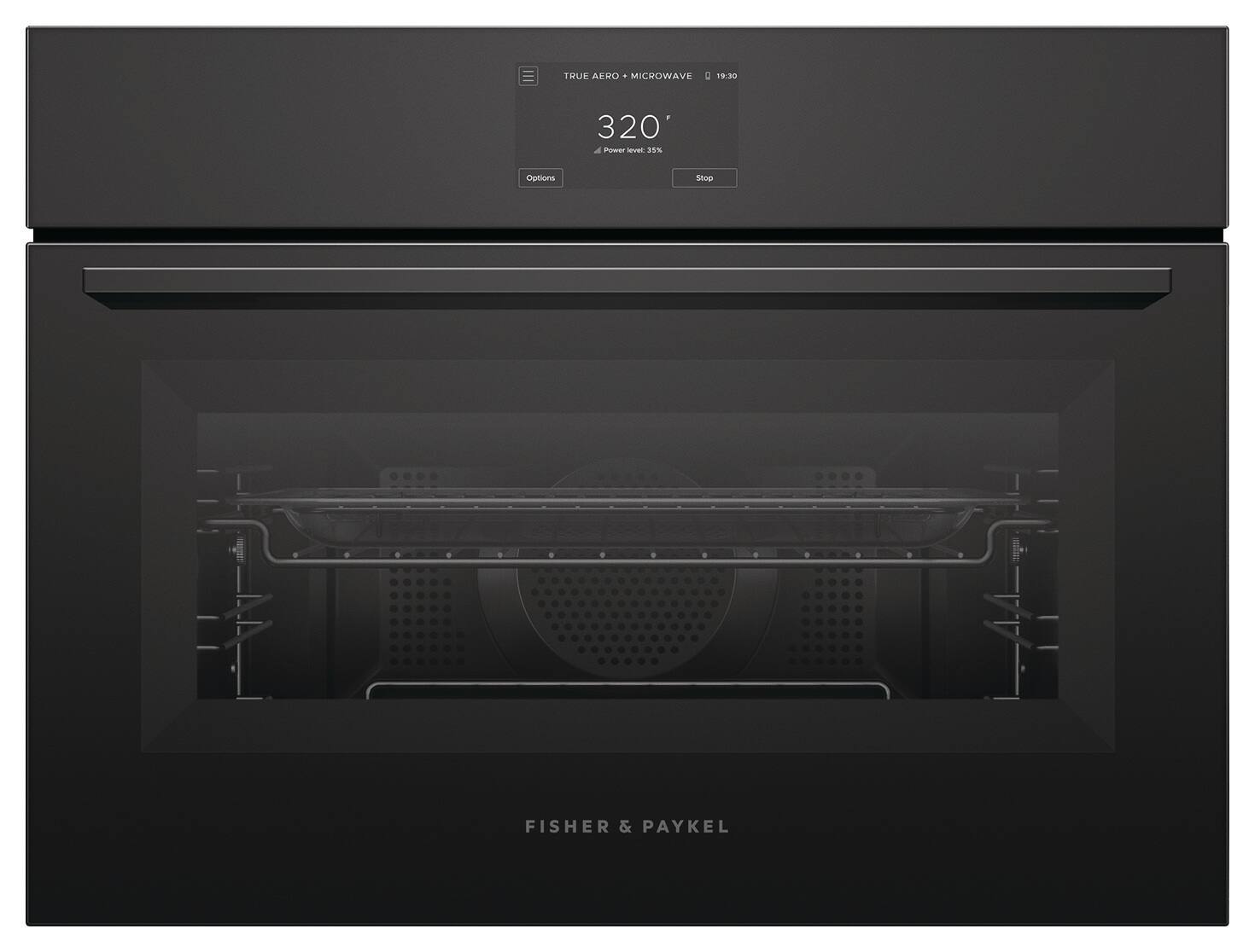 TRUE AERO + MICROWAVE  
19:30  
320°  
Power level - 35%  
Options Stop  
FISHER & PAYKEL