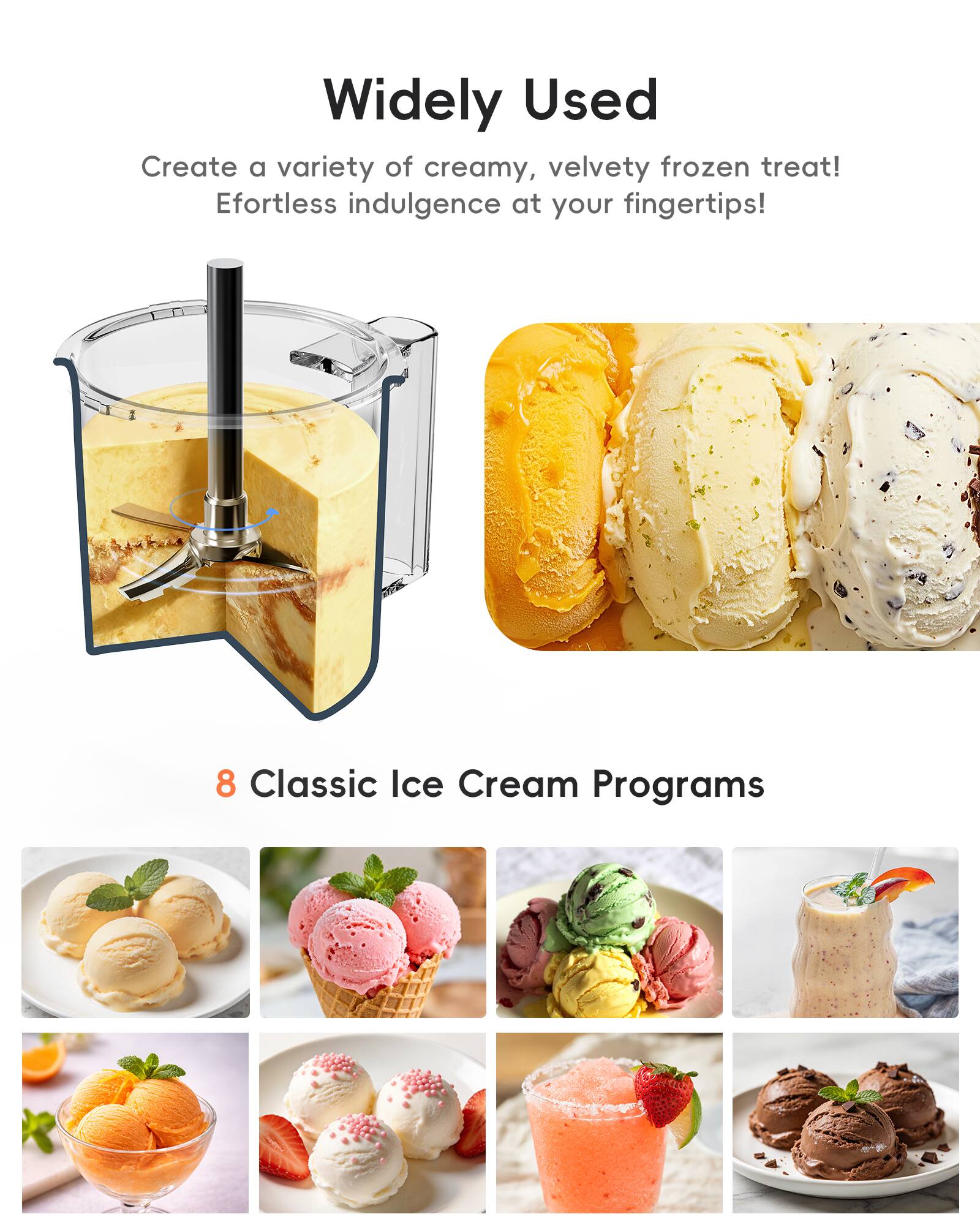 Widely Used  
Create a variety of creamy, velvety frozen treat!  
Efortless indulgence at your fingertips!  

8 Classic Ice Cream Programs