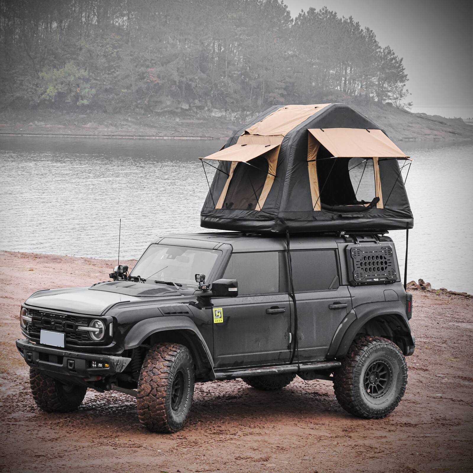 Alt View 4. APRILSOUL - Foldable 2 3 People Amphibious Inflatable Car Roof Top Tent SUV Truck No Ladder Two tone Khaki Black - Yellow.