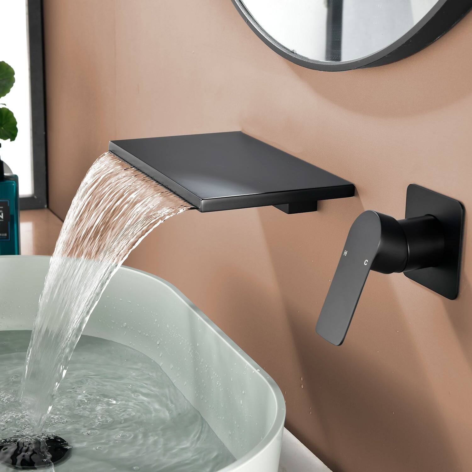 Alt View 3. Boyel Living - Black Wall Mount Faucet SUS304 Waterfall Spout Brass Body Single Handle 1/2NPT Thread - Matte Black.