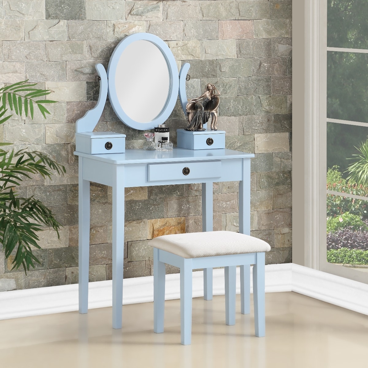 Loheer - Makeup Vanity Table Set with Adjustable Oval Mirror and Padded Stool - Blue