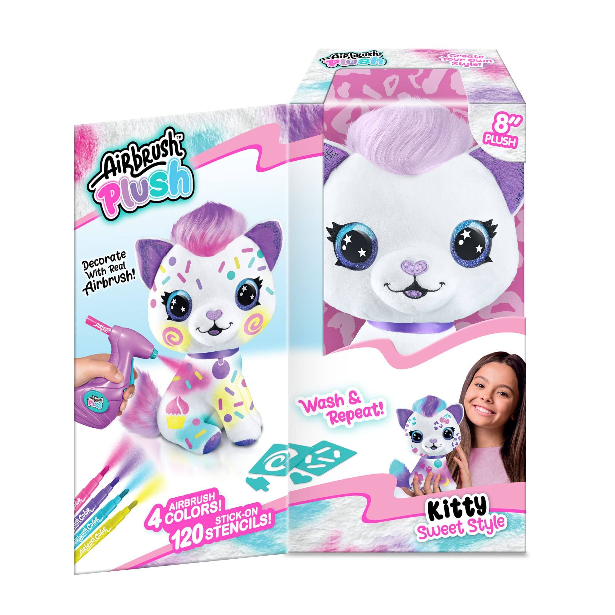 Airbrush Plush  
Decorate Real With Airbrush!  
8" PLUSH  
Wash & Repeat!  
AIRBRUSH 4 COLORS!  
STENCILS!  
STICK-ON 120  
Kitty Sweet Style