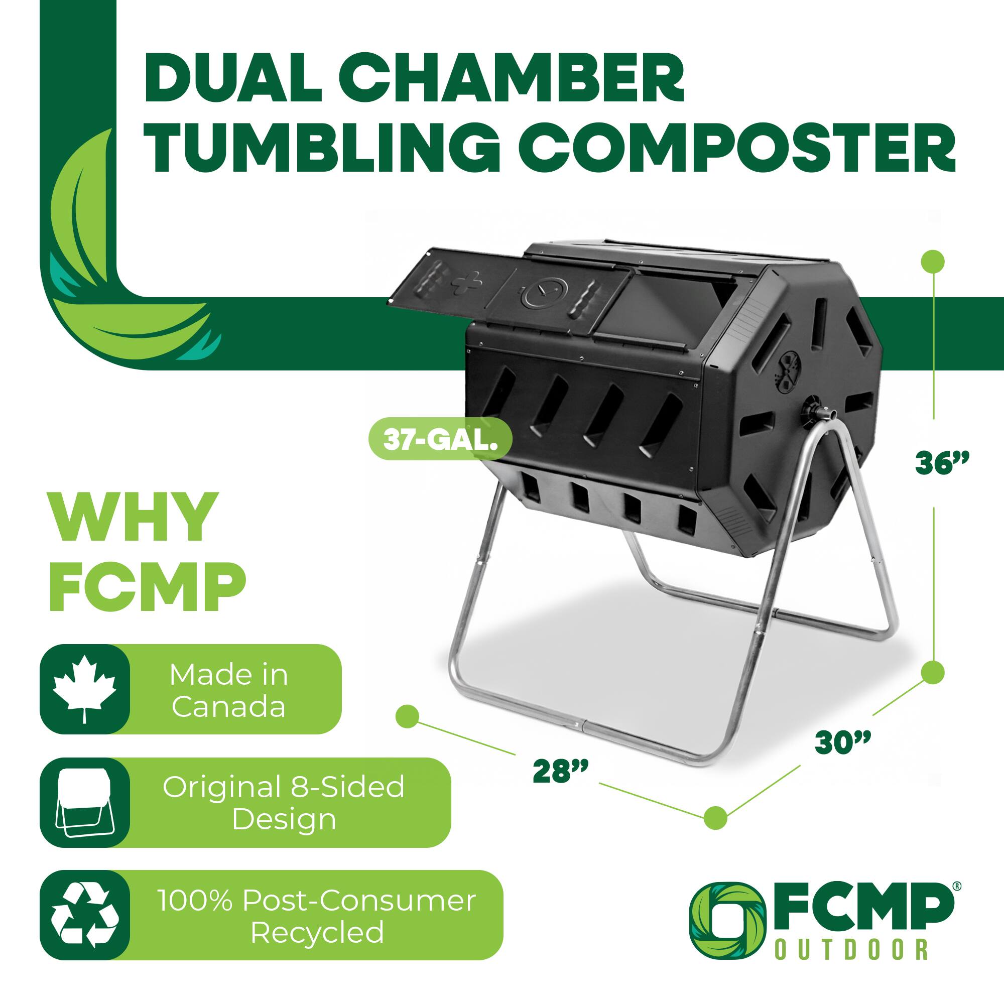 DUAL CHAMBER TUMBLING COMPOSTER  
WHY FCMP  
37-GAL.  
36"  
Made in Canada  
28"  
Original 8-Sided Design  
100% Post-Consumer Recycled  
30"  
FCMP OUTDOOR