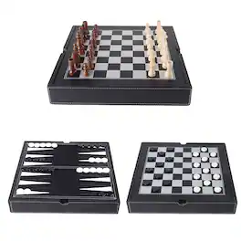 GSE Games & Sports Expert - 12.5" Premium Leather 3-in-1 Chess, Checker and Backgammon Board Game Combo Set for Kids & Adults