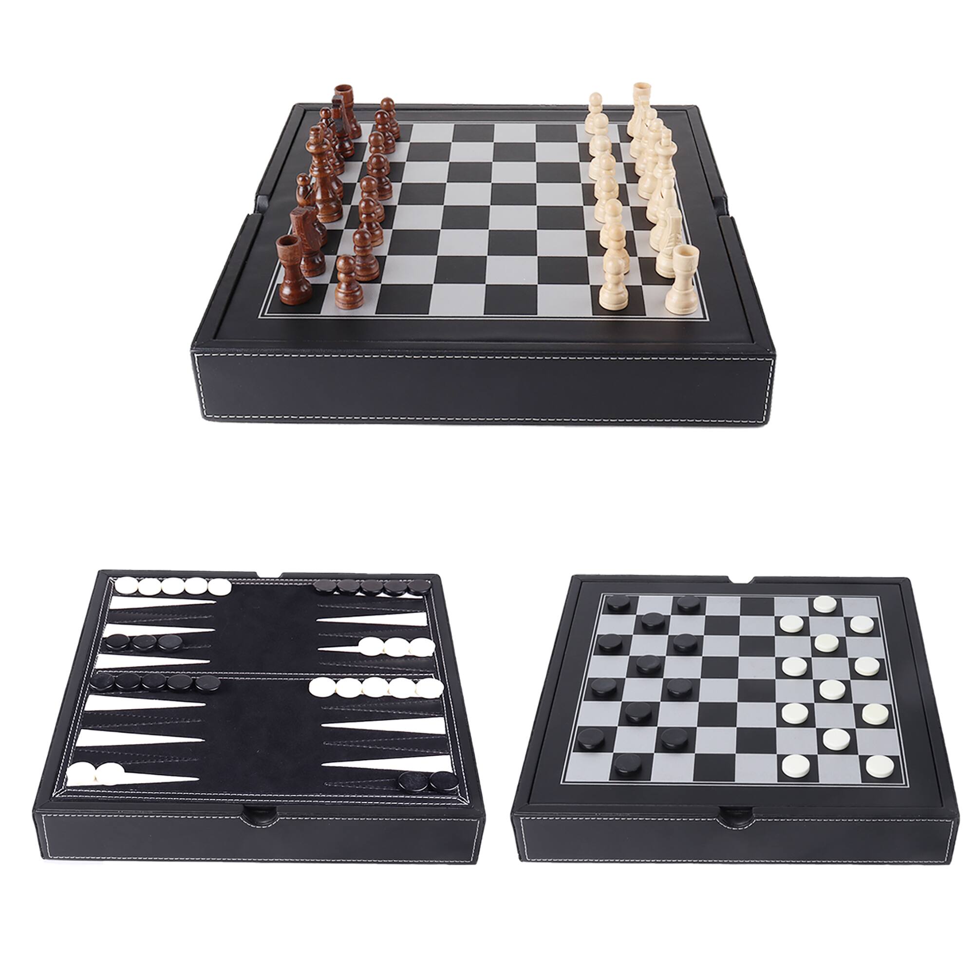 Front. GSE Games & Sports Expert - 12.5" Premium Leather 3-in-1 Chess, Checker and Backgammon Board Game Combo Set for Kids & Adults.