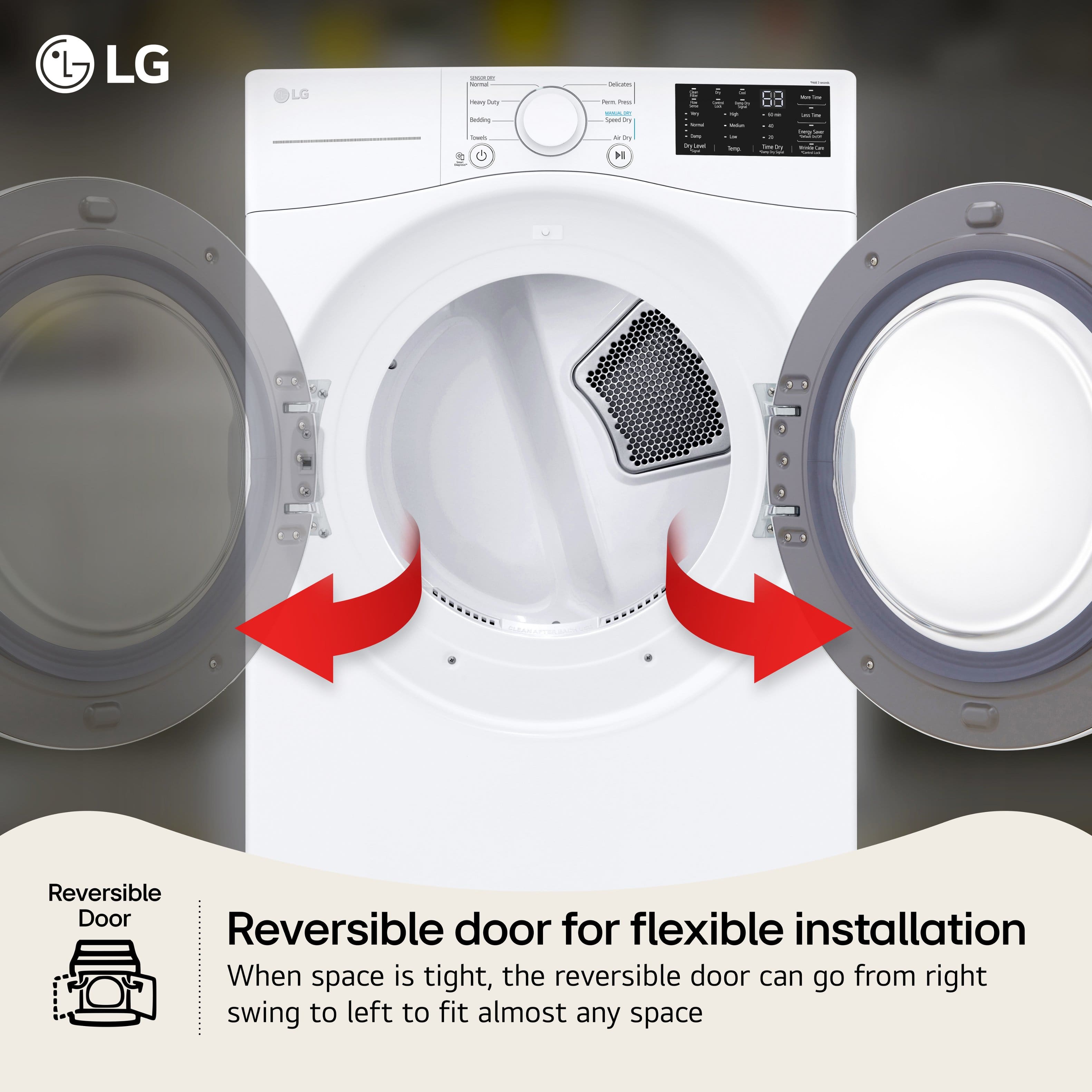 LG
Reversible door for flexible installation
When space is tight, the reversible door can go from right swing to left to fit almost any space