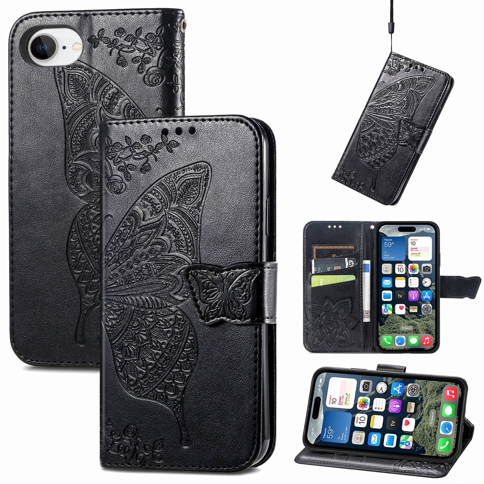 Angle. Dteck - Wallet Case for Apple iPhone 17e/iPhone 16e, Embossed Butterfly Pattern Leather Card Slots Flip Stand Cover+Strap - Black.